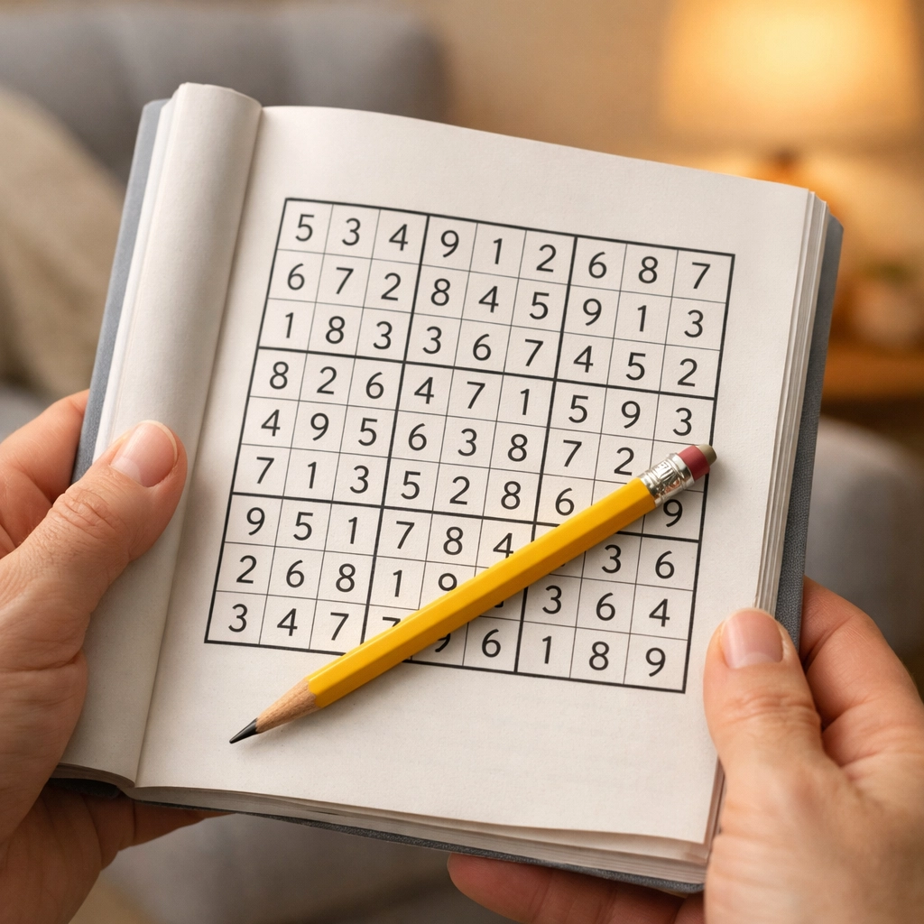 Completed Sudoku puzzle book with pencil in cozy reading environment