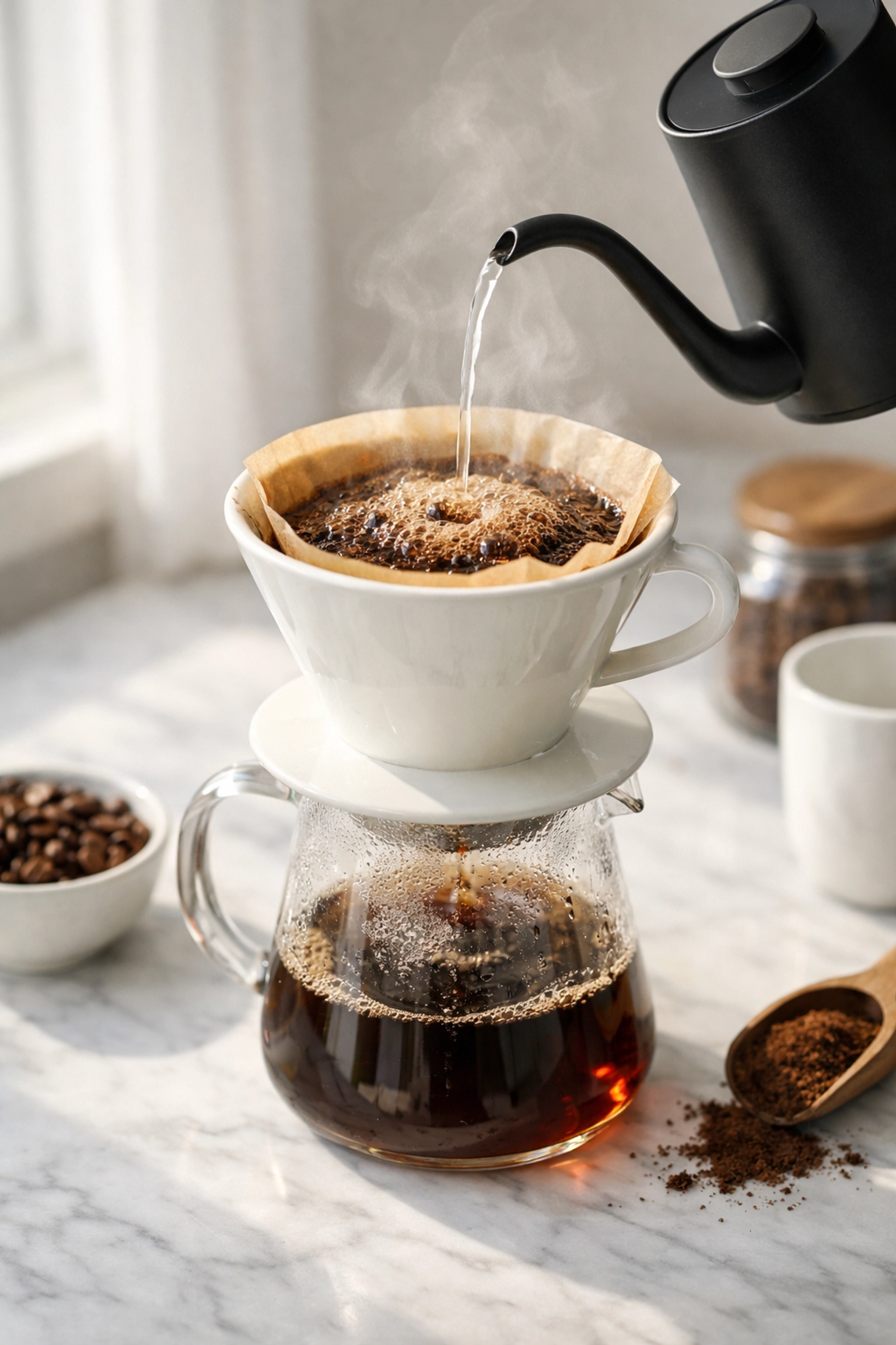 Manual pour-over coffee brewing setup with fresh coffee grounds blooming on a white marble counter.