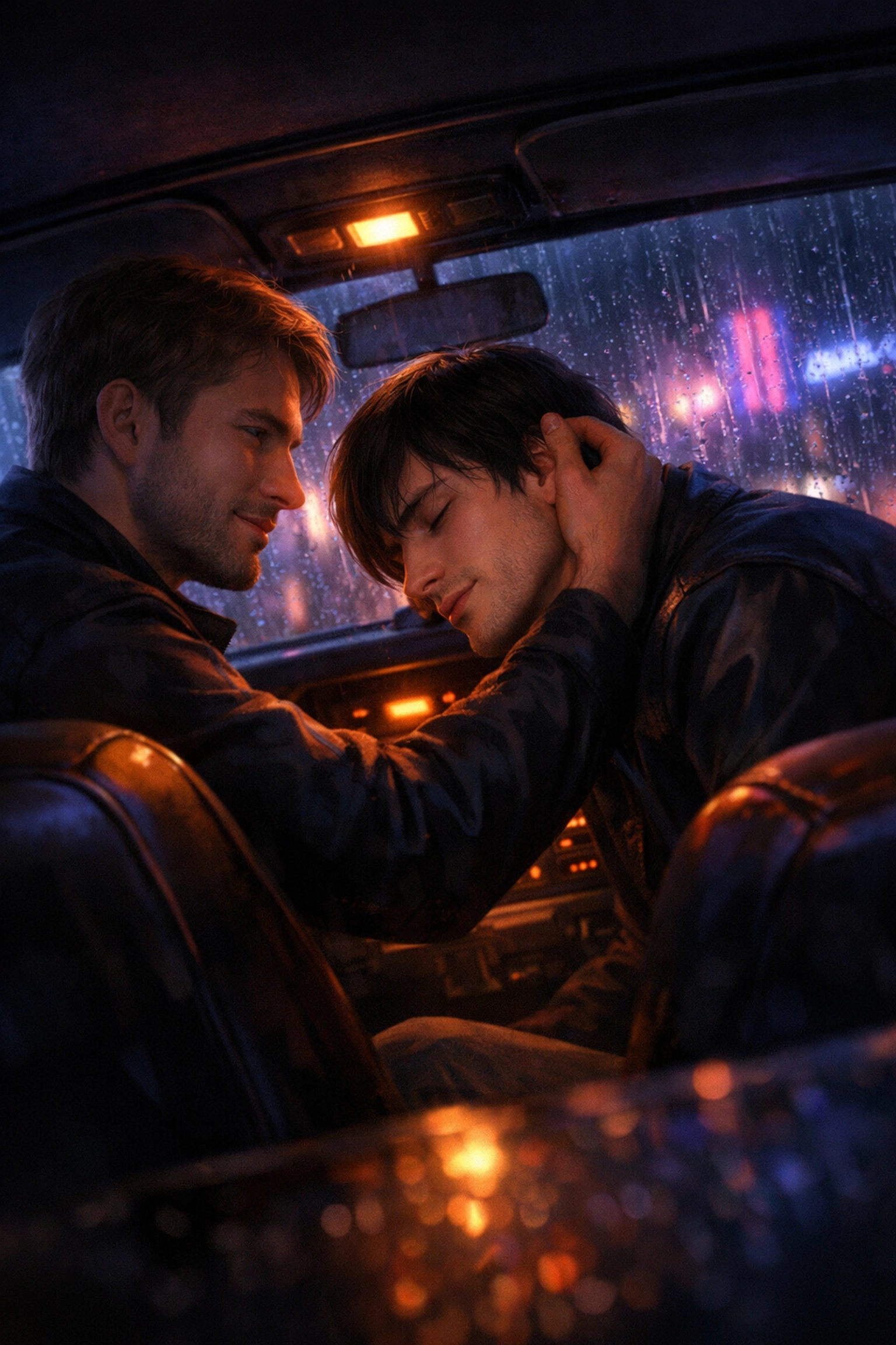 An intimate moment between two men in a parked car during a storm, capturing the emotional depth of MM romance books.