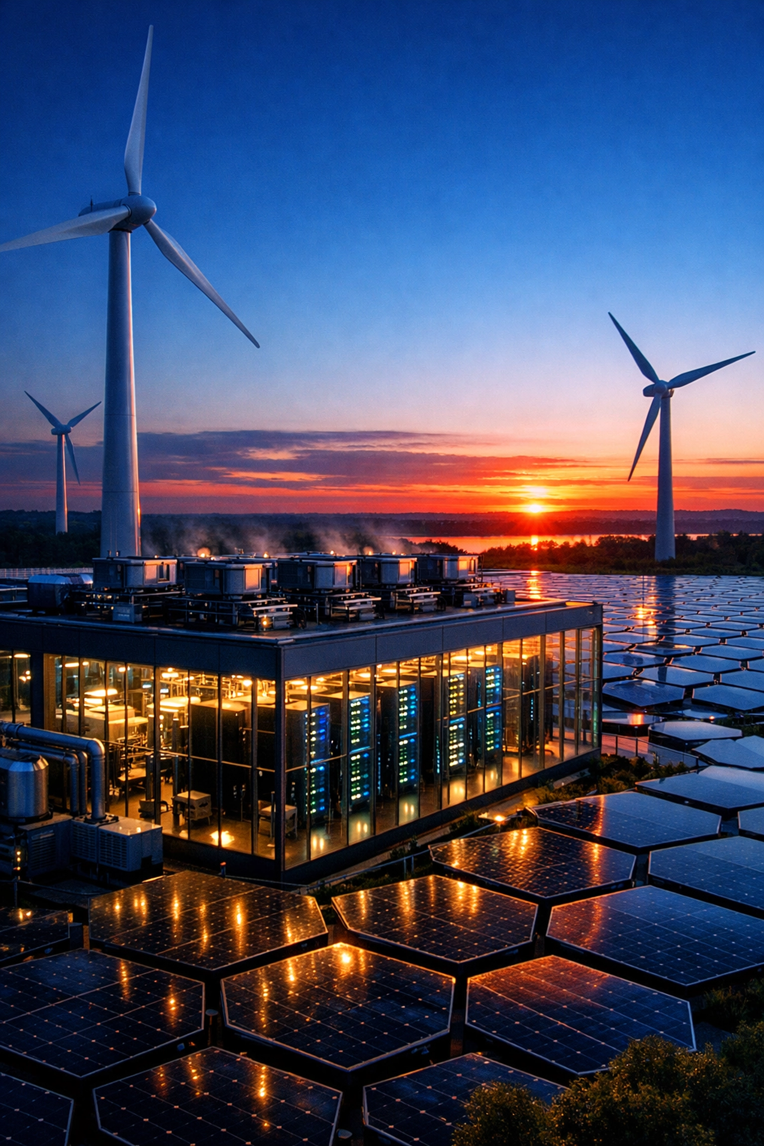 Eco-friendly AI infrastructure powered by renewable energy sources like wind turbines and solar panels.