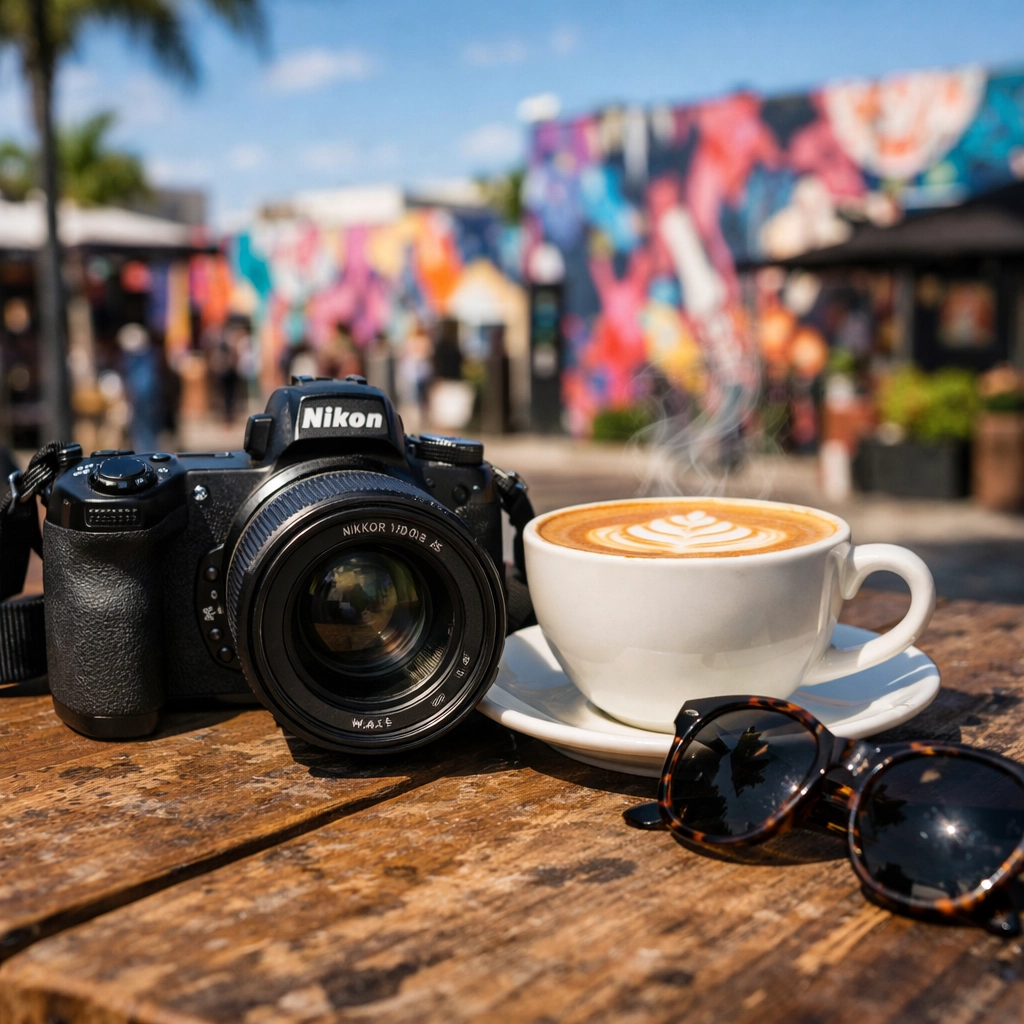 Professional Nikon camera gear on a table in Wynwood, capturing the lifestyle of a Miami commercial photographer.