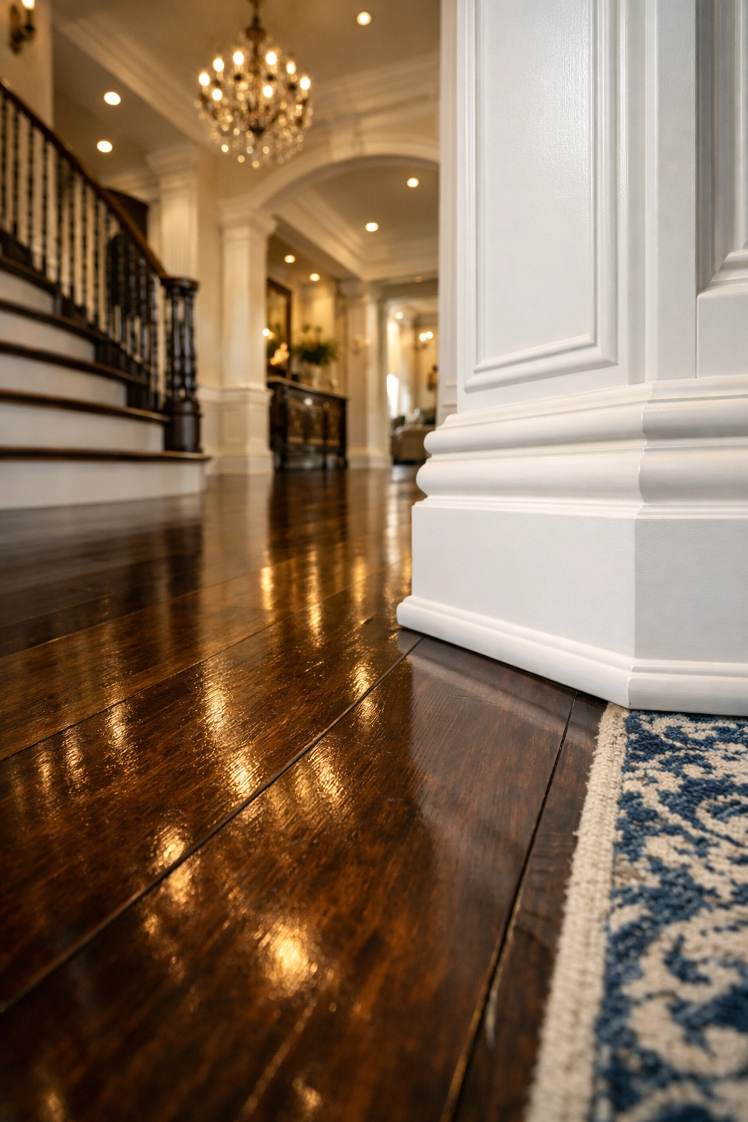 Spotless grand foyer with gleaming hardwood floors, showing luxury house cleaning Newton quality.
