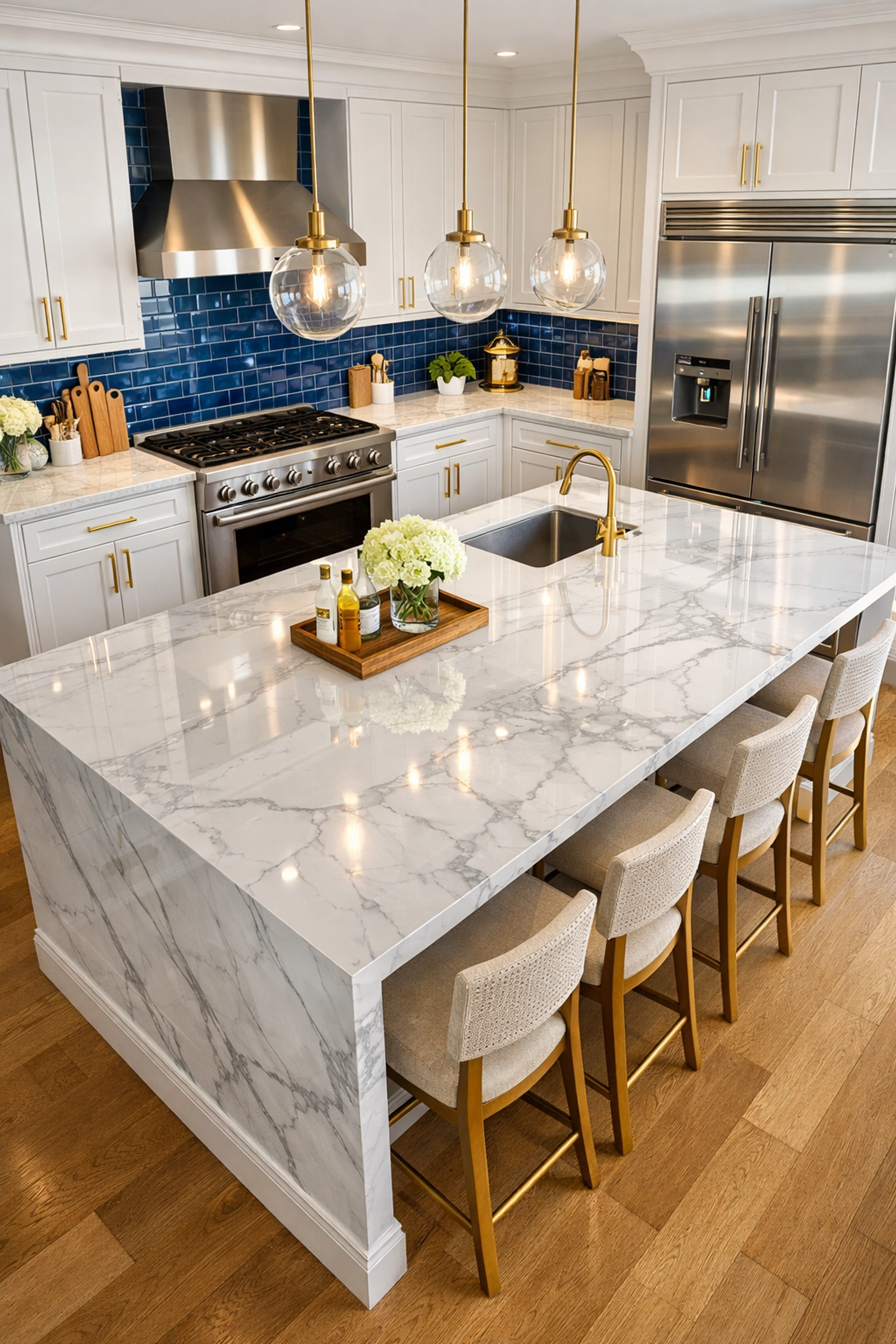 Sparkling clean luxury kitchen with a polished marble island and smudge-free appliances.