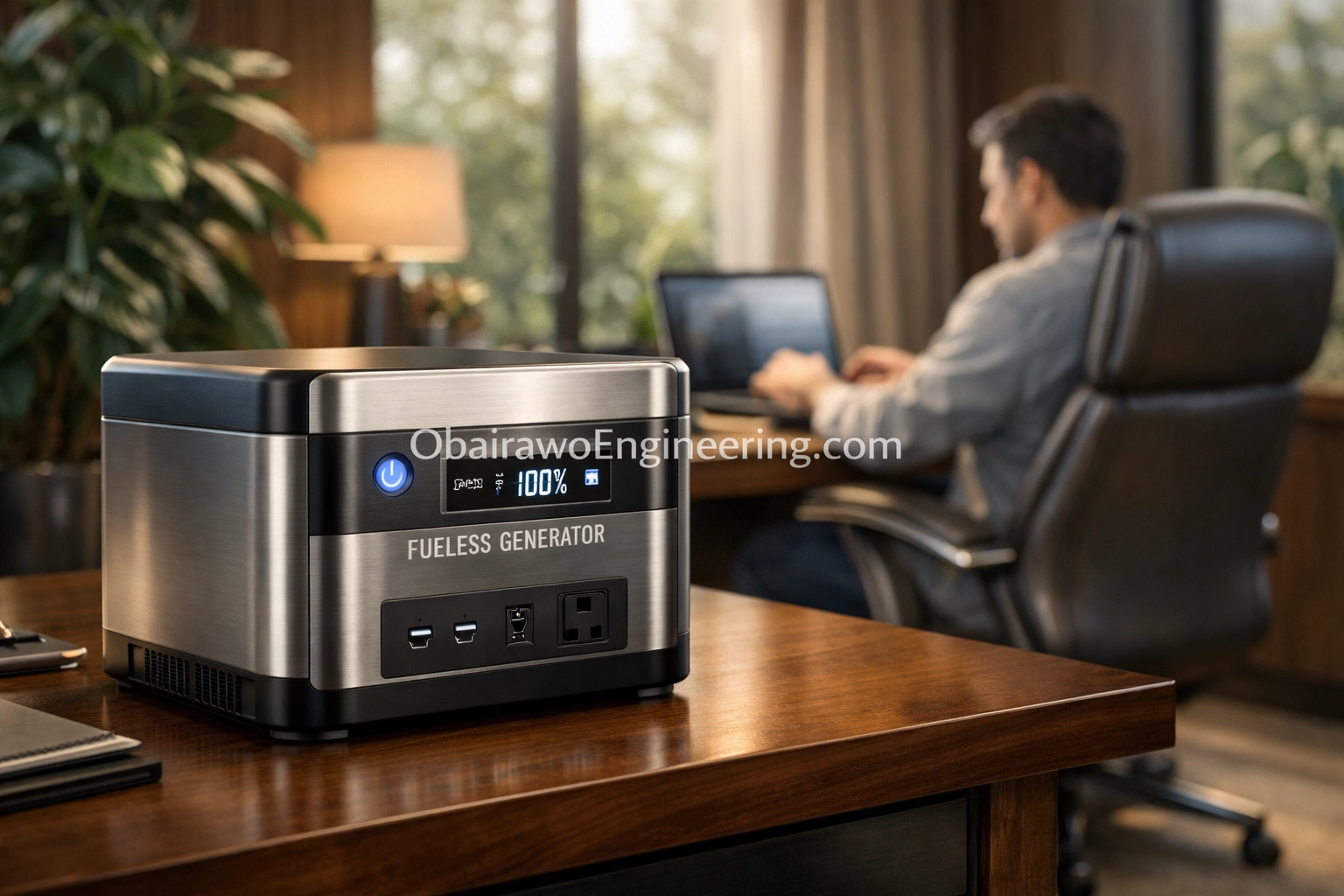 Obairawo fuelless generator operating quietly in a modern home office for safe, emission-free indoor power.