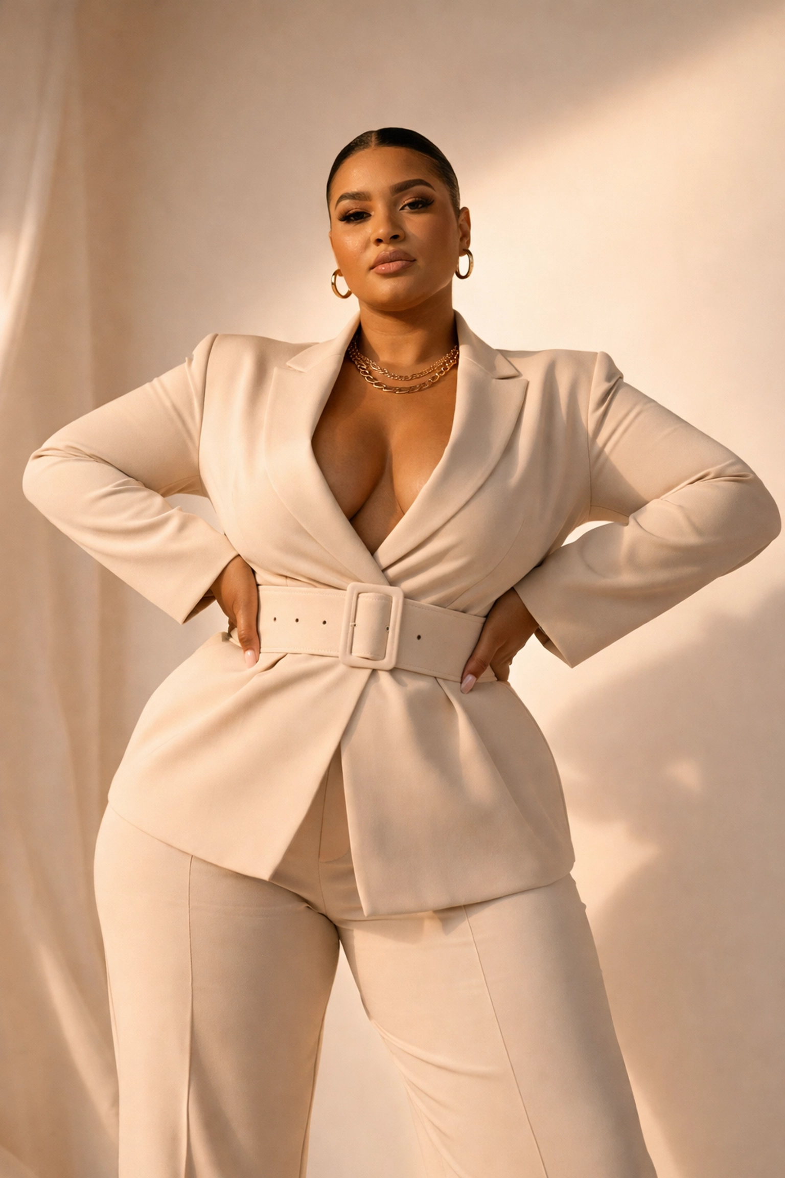 Empowering portrait of a plus-size model poised for success in a top modeling competition.