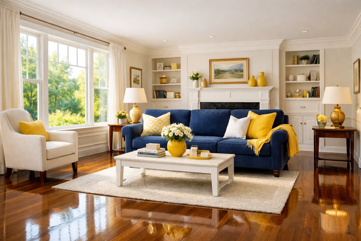 Sun-drenched living room with spotless hardwood floors provided by professional cleaners in Spencer, MA.