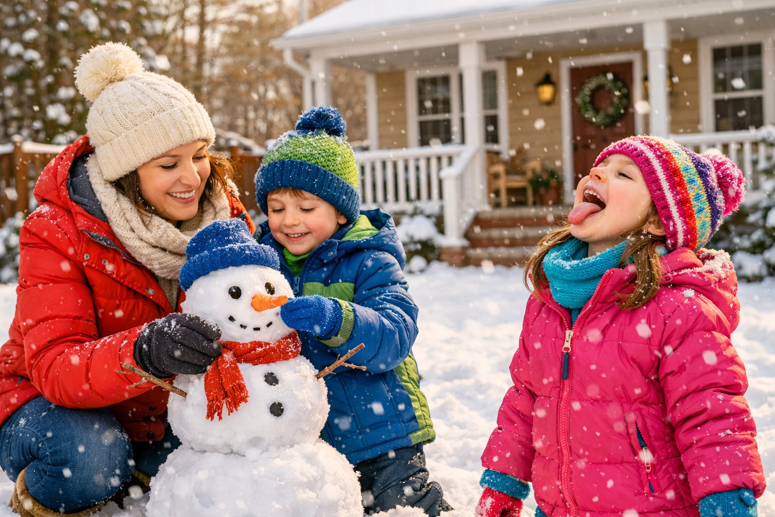 Georgia family playing safely in the snow in their backyard during winter weekend