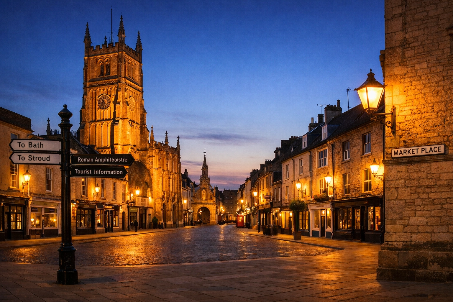 The historic Cirencester Market Place at dusk, highlighting the need for local business security.