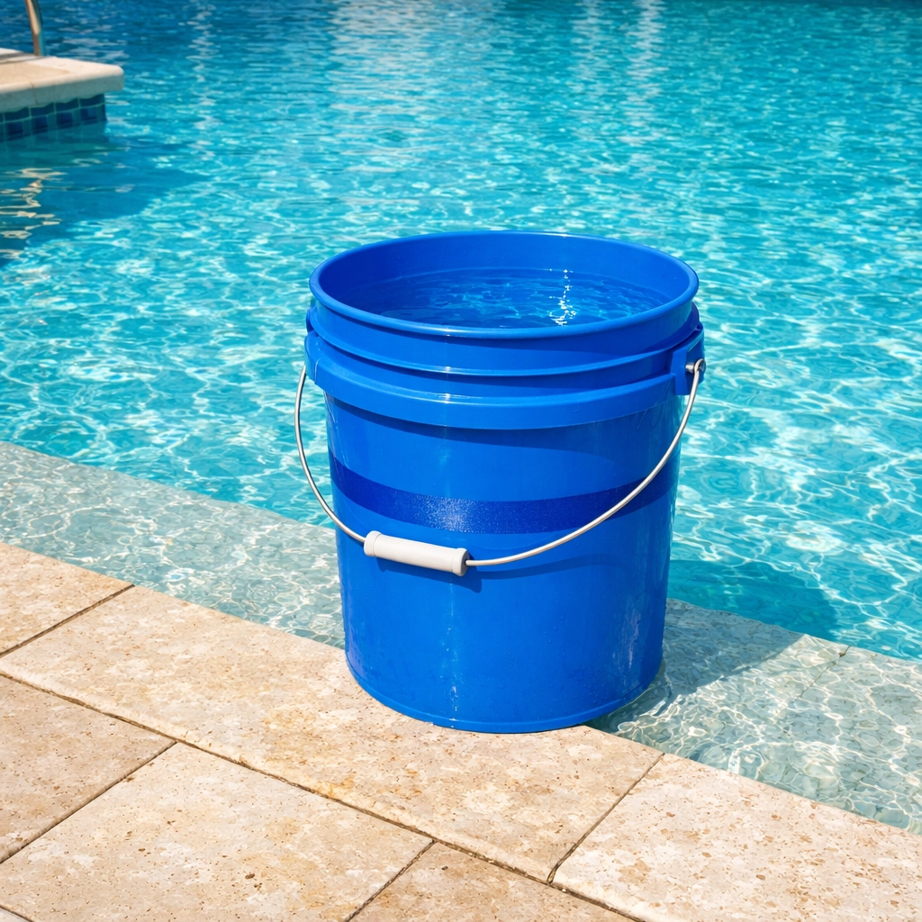 A blue bucket on a pool step performing a bucket test for DIY pool leak detection.
