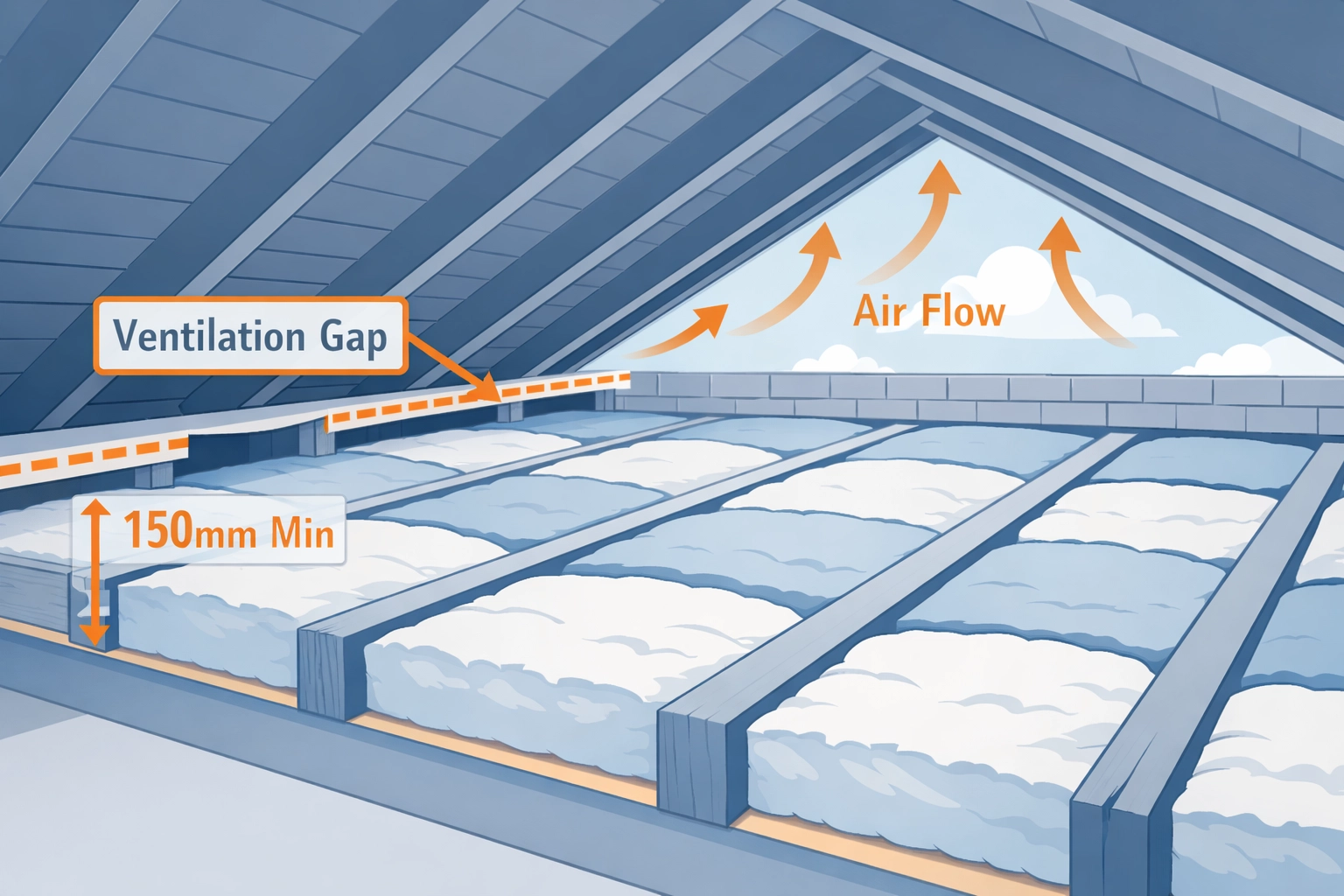Proper loft insulation installation technique with mineral wool and ventilation spacing