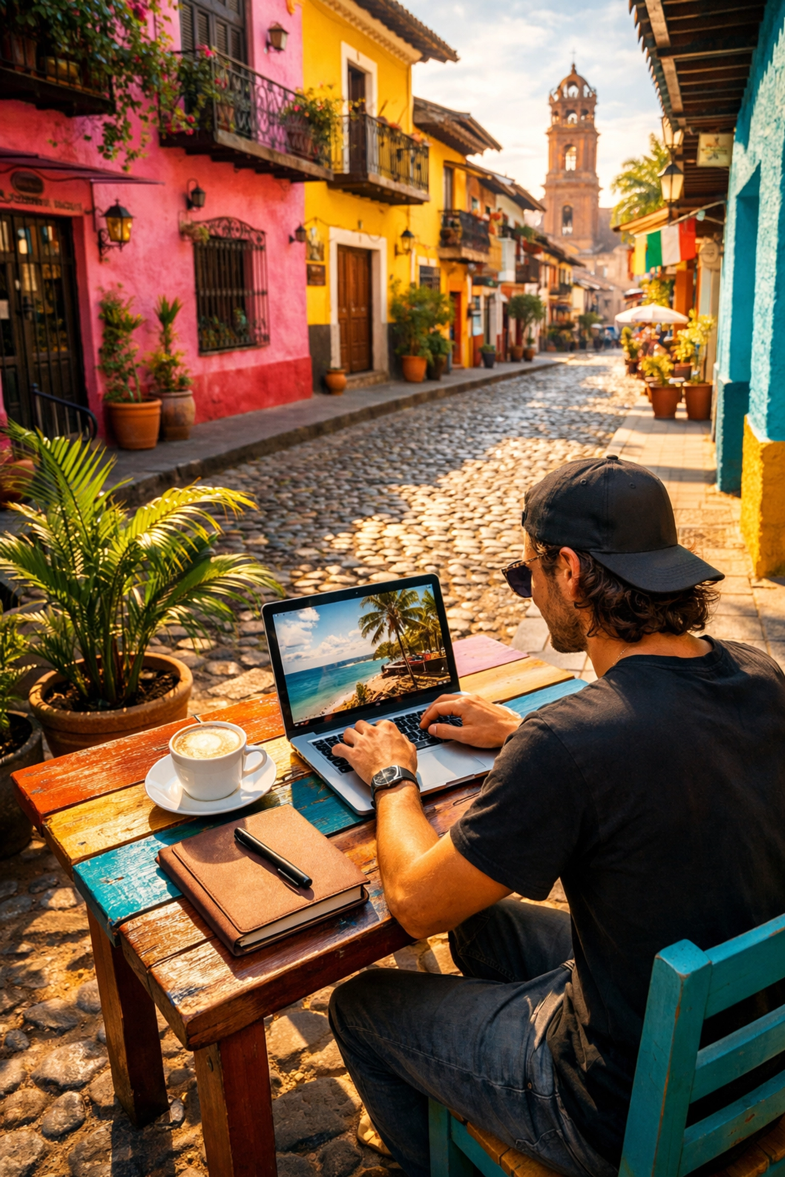 Digital nomad working at outdoor cafe in Puerto Vallarta Old Town with colonial architecture