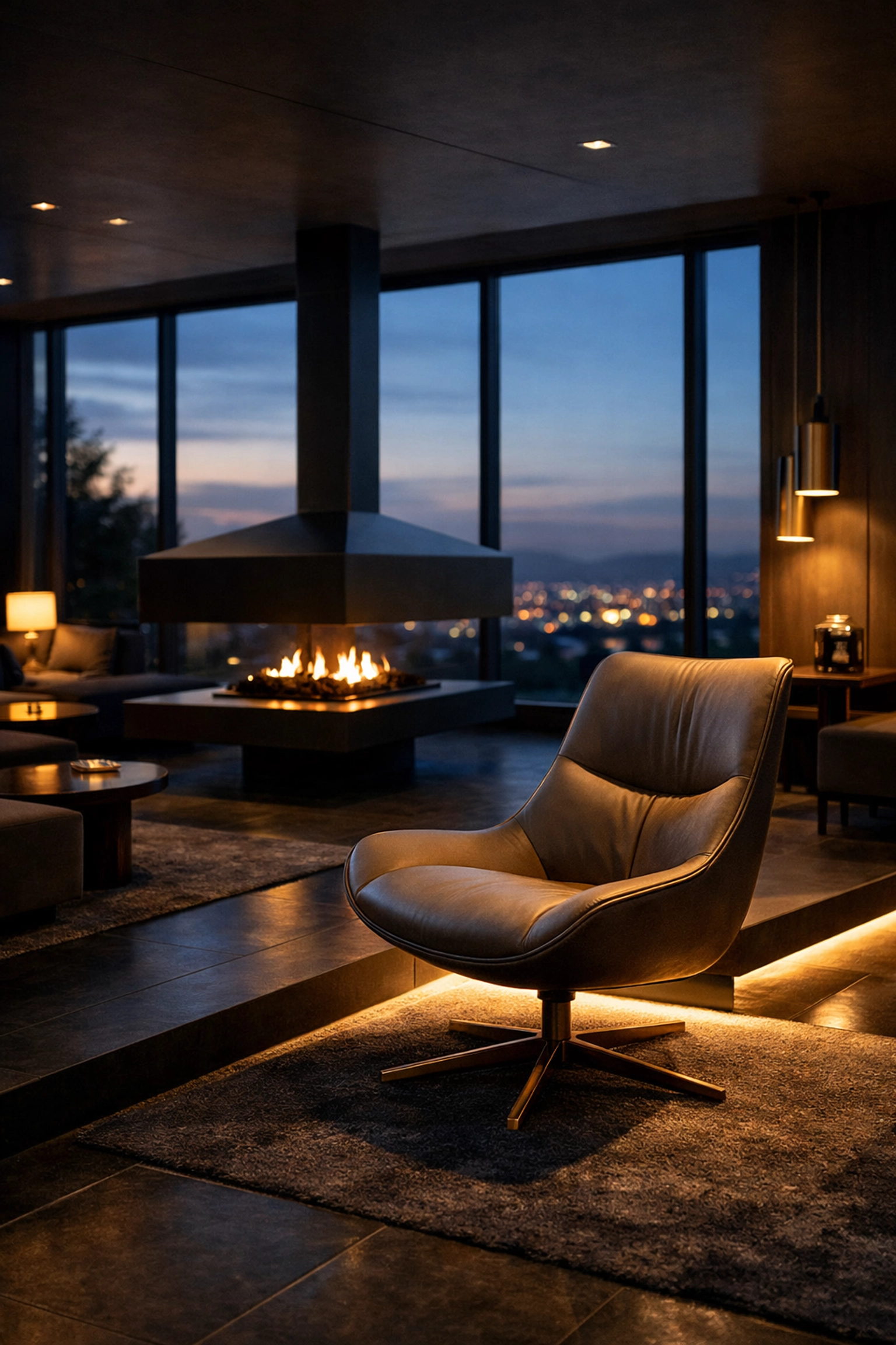 Modern boutique hotel lounge at twilight, combining innovative design with hospitality technology.