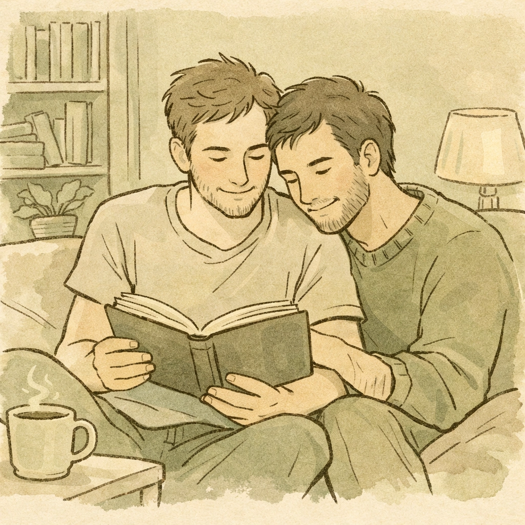 Gay couple reading MM romance book together on couch showing literary connection and emotional support
