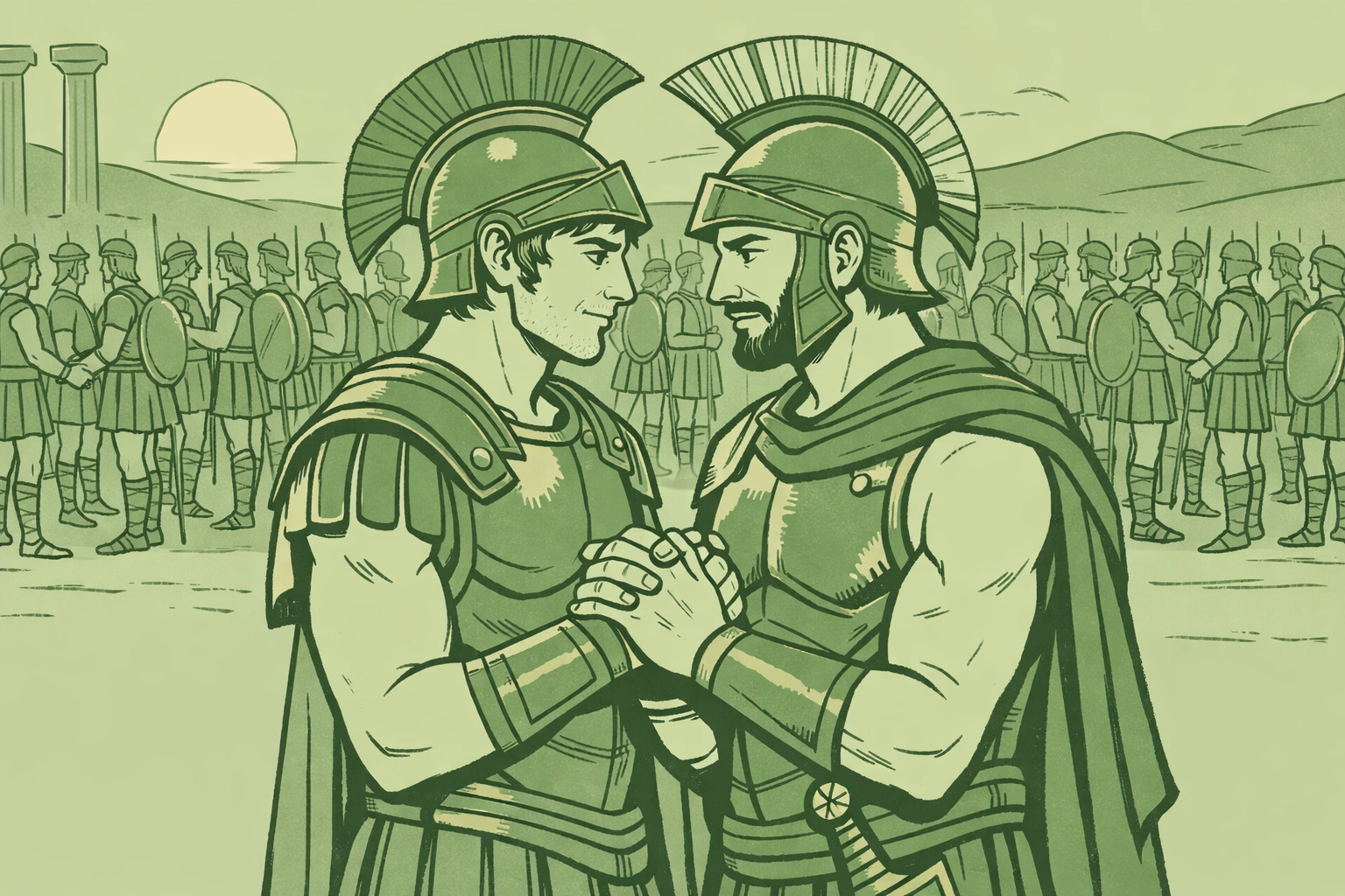 Sacred Band of Thebes male lovers in armor standing together with warriors in formation behind them