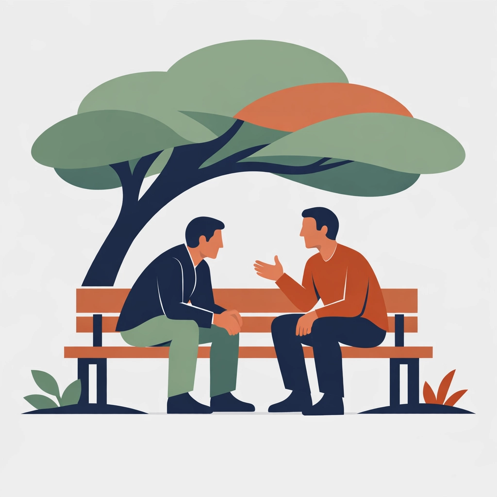 Illustration of two people talking on a bench, highlighting the importance of listening in Christian mentoring.