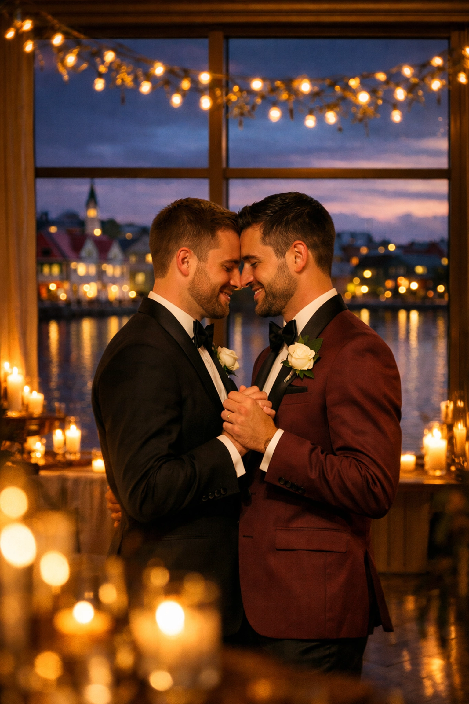 Two grooms celebrate their first dance at LGBTQ+ wedding reception overlooking Reykjavik Iceland