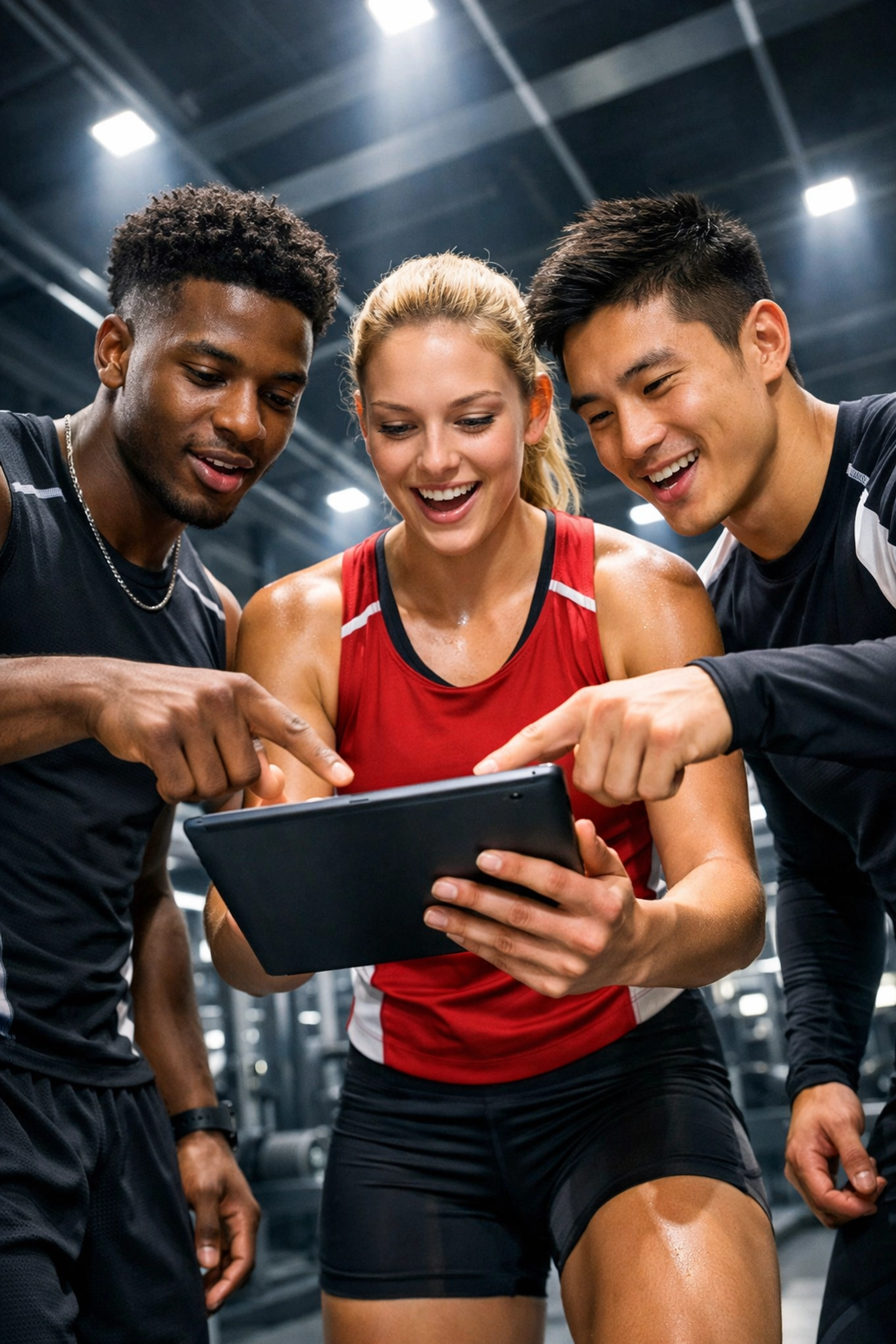 Diverse college athletes collaborating on digital content for an innovative NIL marketing campaign.