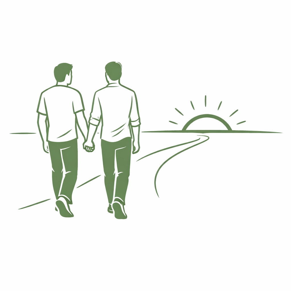 Minimalist illustration of two men holding hands toward the horizon in a modern gay romance series.
