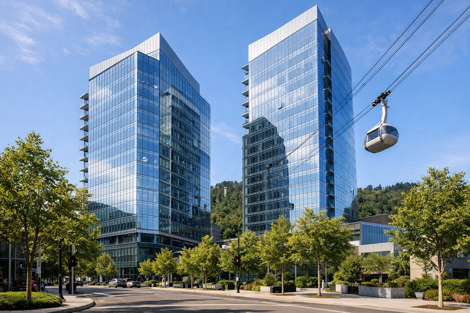 OHSU Center for Health and Healing towers in South Waterfront with Aerial Tram visible