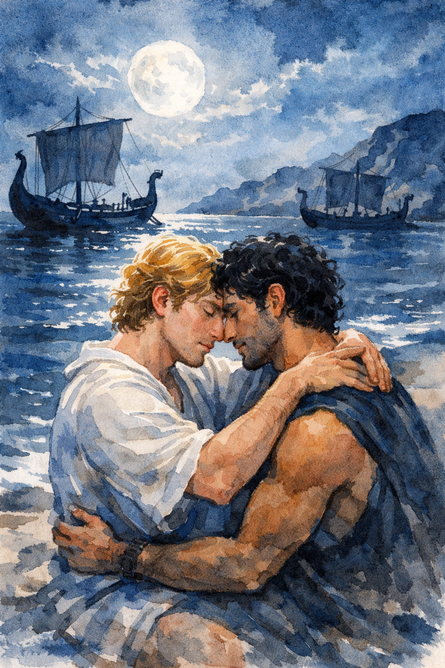 Achilles and Patroclus embracing by moonlit sea in tragic gay love story