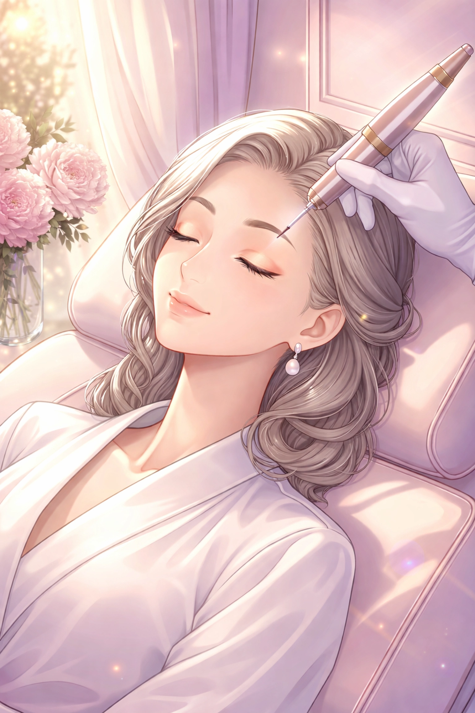 Woman in her 50s receiving gentle nano brow treatment in a luxury studio, highlighting safe permanent makeup for mature skin.