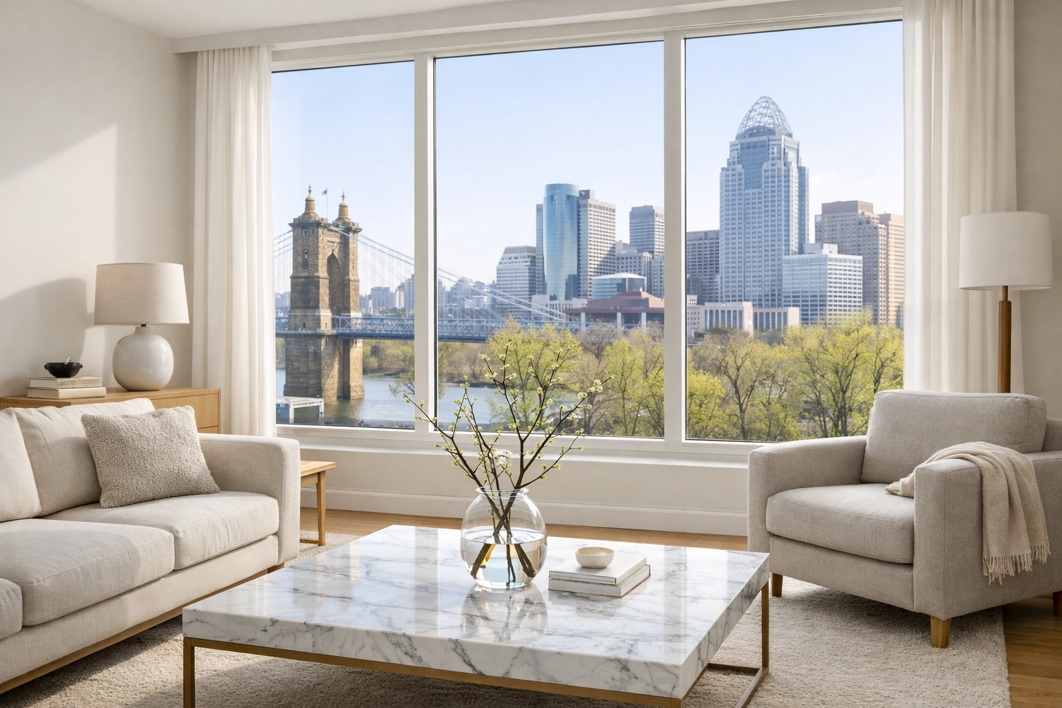 Bright, staged Cincinnati living room showing move-in ready potential for the spring market.