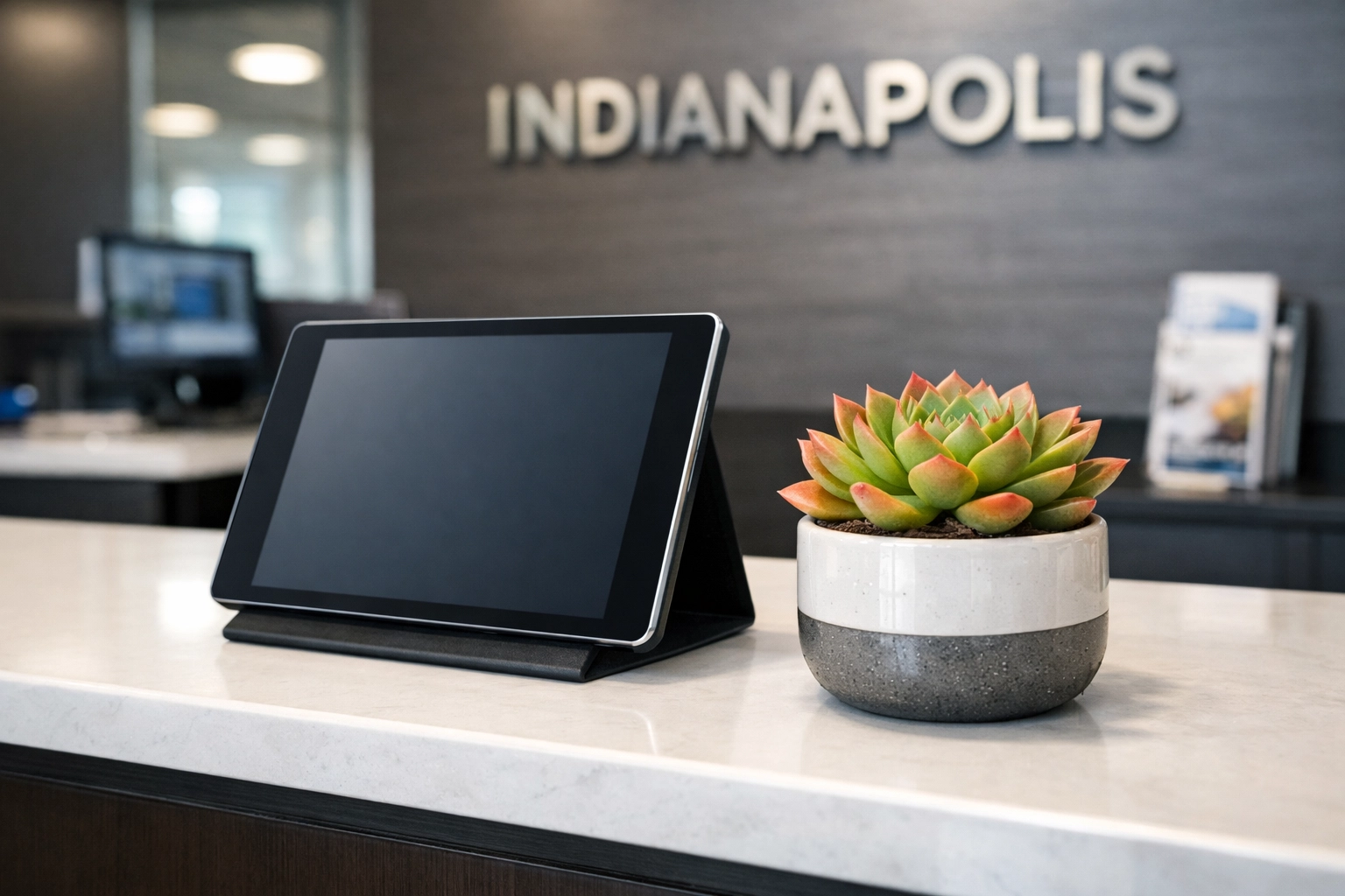 Dust-free reception desk in an Indianapolis office demonstrating professional cleaning detail.