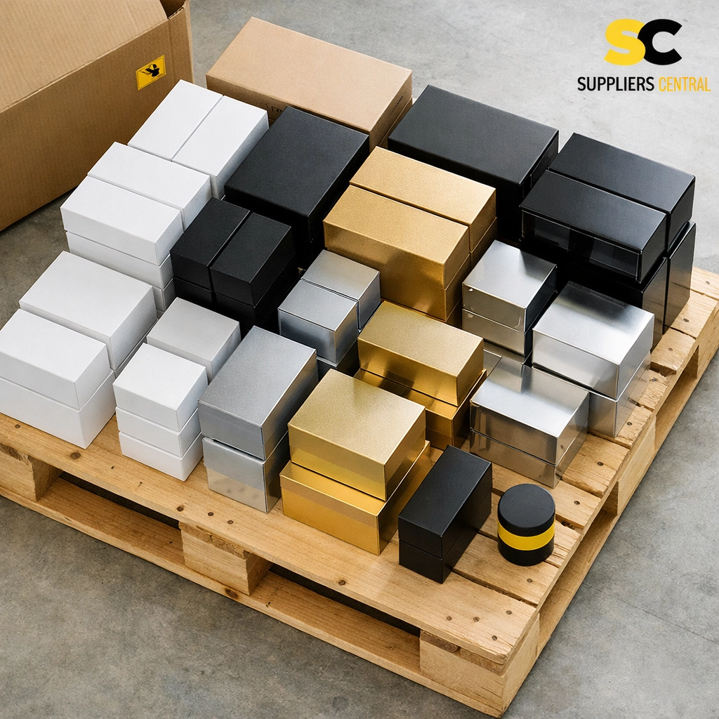 Wholesale beauty and cosmetic liquidation pallets stacked in a clean industrial warehouse.