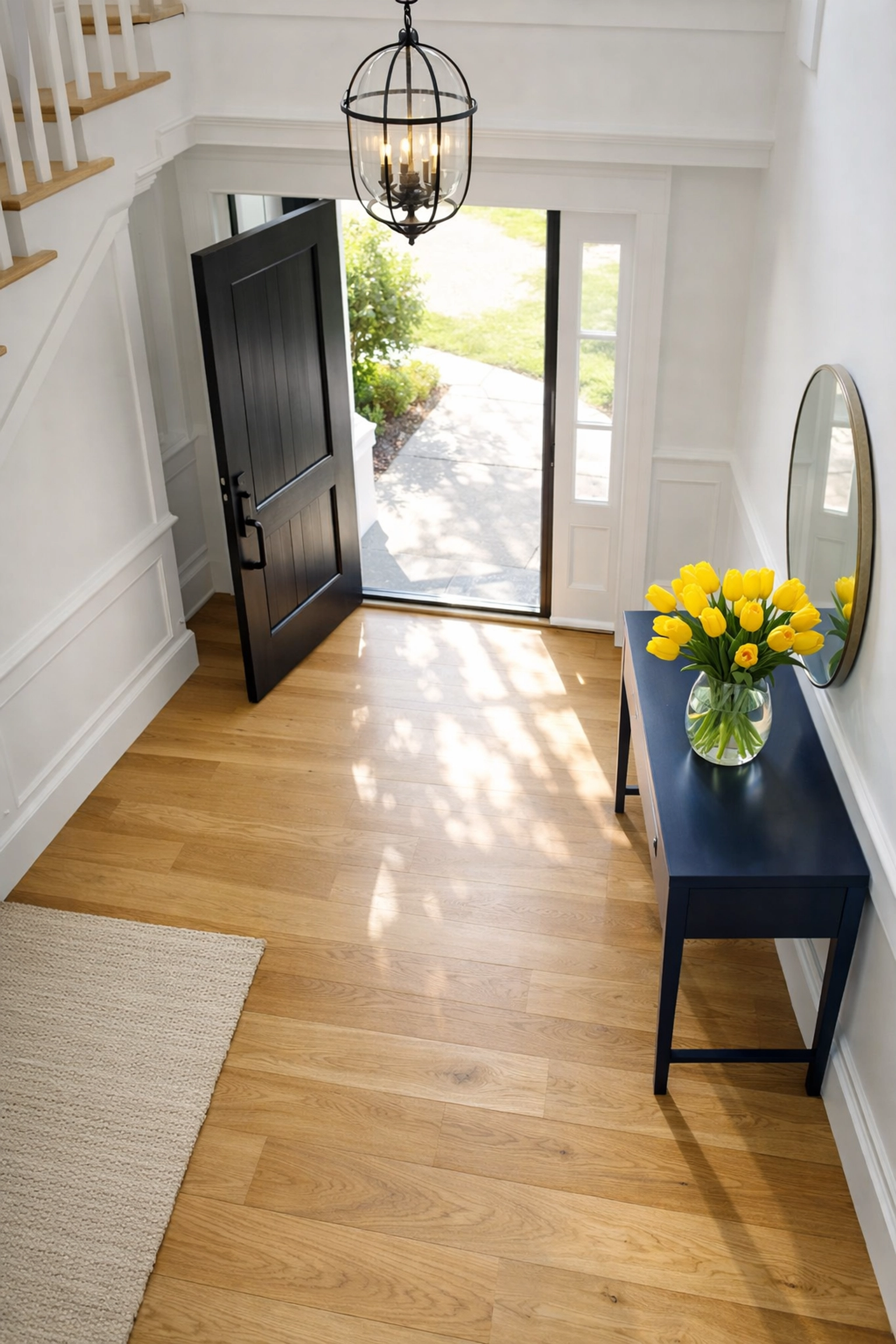 A clean, bright Acton home entryway with gleaming hardwood floors, ready for a real estate showing.
