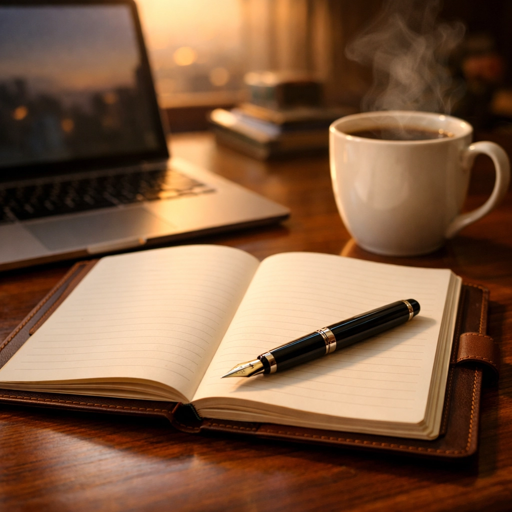 An entrepreneur's organized desk with a journal and laptop, ready to share a business success story.