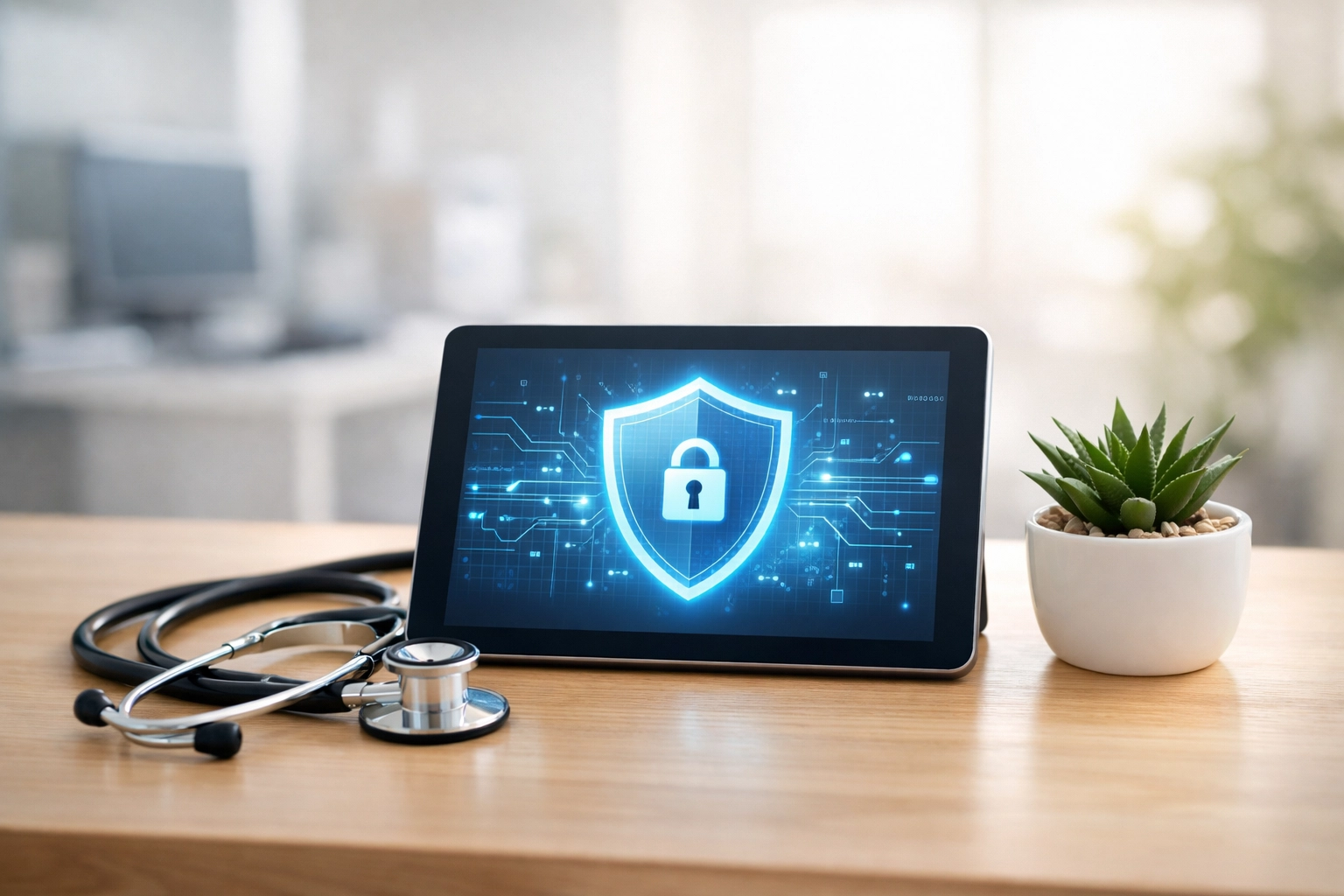 The Clinic's AI Security Checklist: Is Your Policy HIPAA-Proof? Secure AI dashboard on a tablet in a medical office, ensuring HIPAA compliance and stable accounts receivable management.