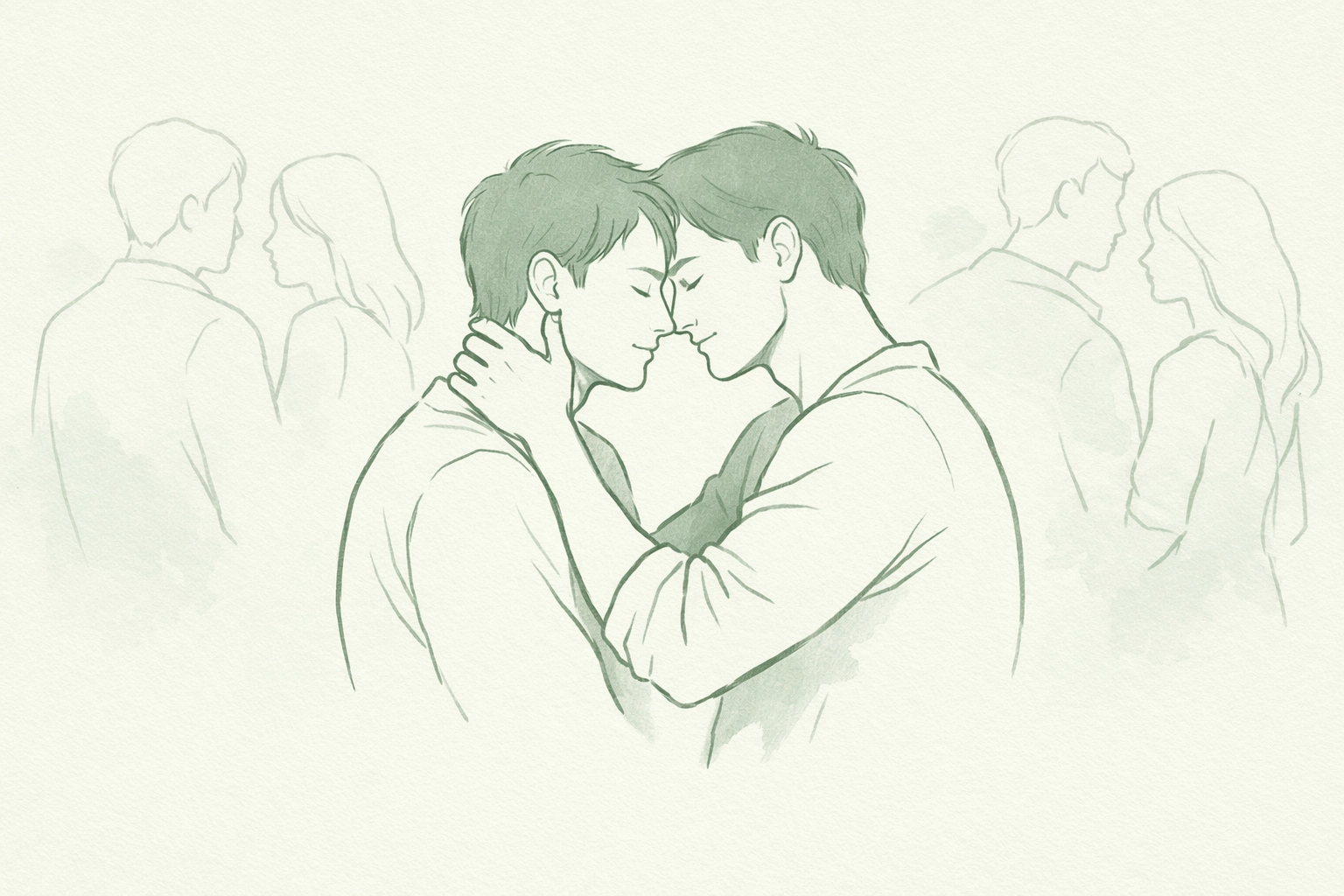 Two men in close embrace maintaining romantic bond in MM fiction group scene