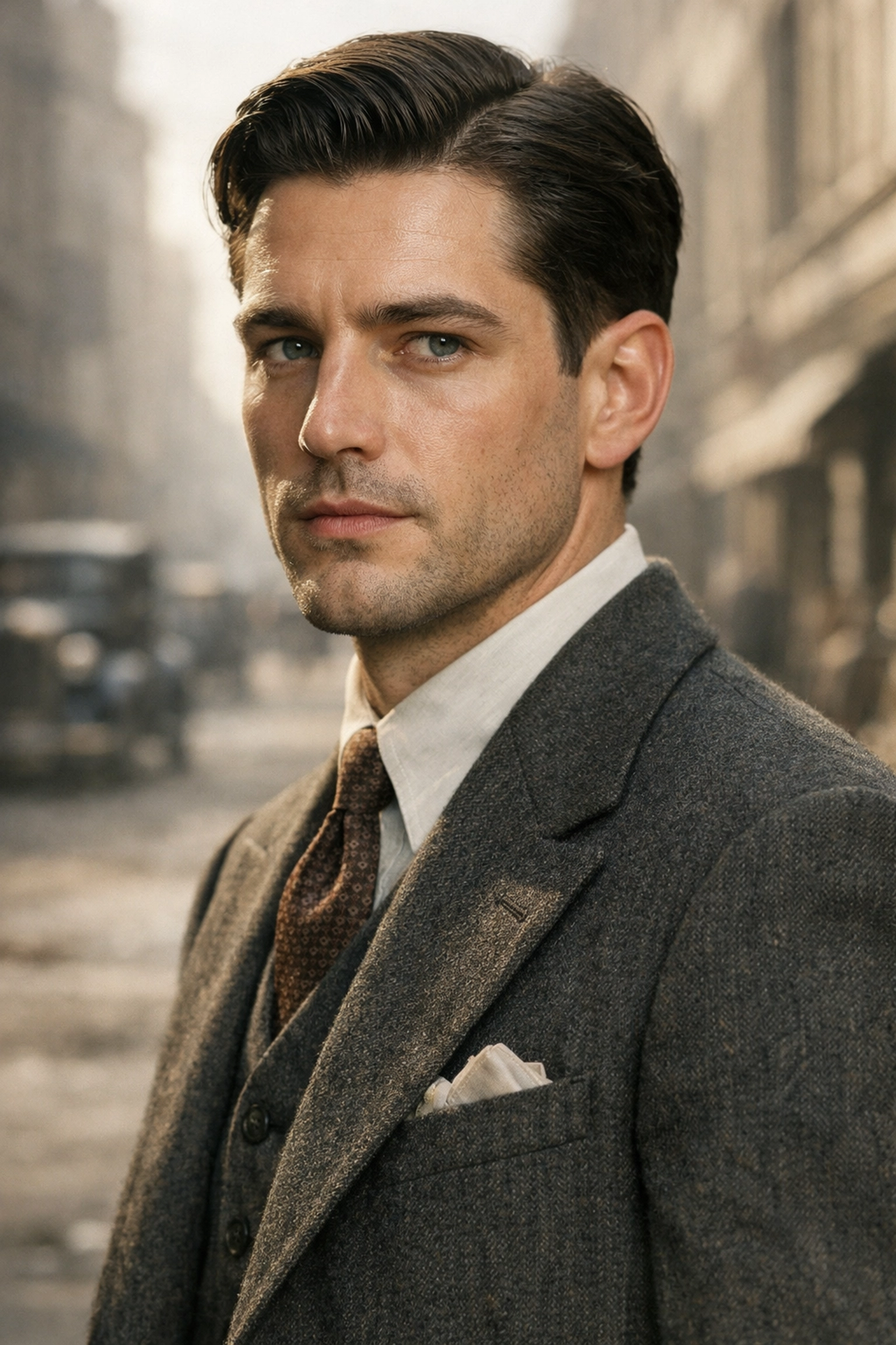 A vintage 1930s portrait restored with Luminar Neo featuring realistic skin tones and sharp details.