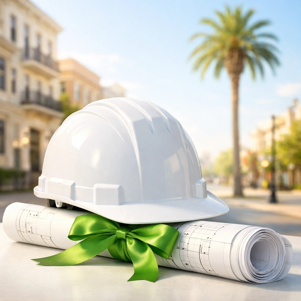 Construction blueprints and a hard hat for navigating the St. Pete real estate development process.