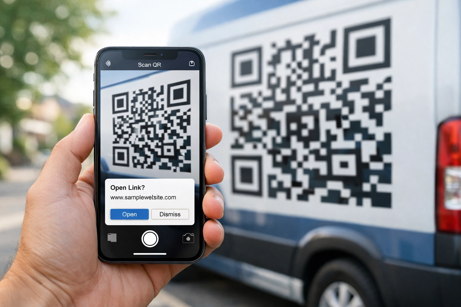 Customer scanning a QR code on a service truck wrap to access a business website.