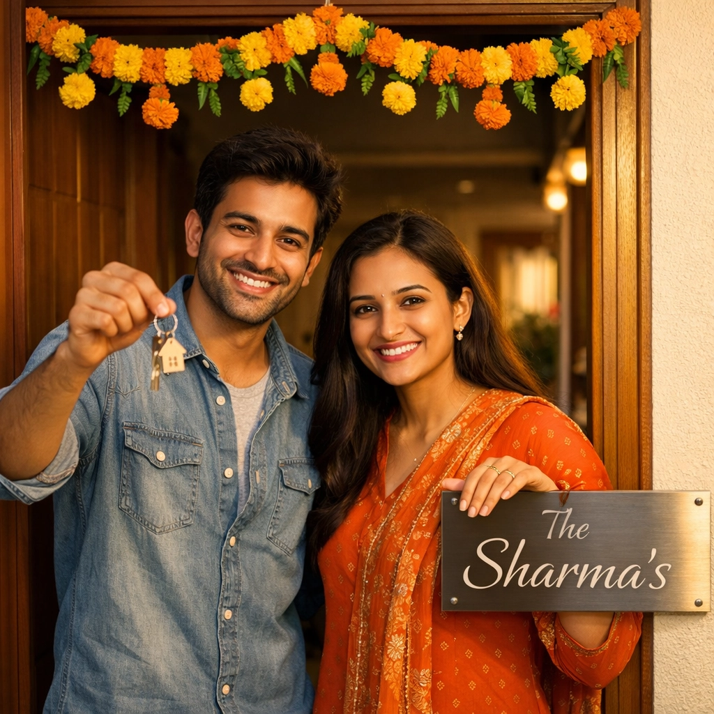 Smiling Indian couple holding keys to their new house decorated with a traditional marigold garland.
