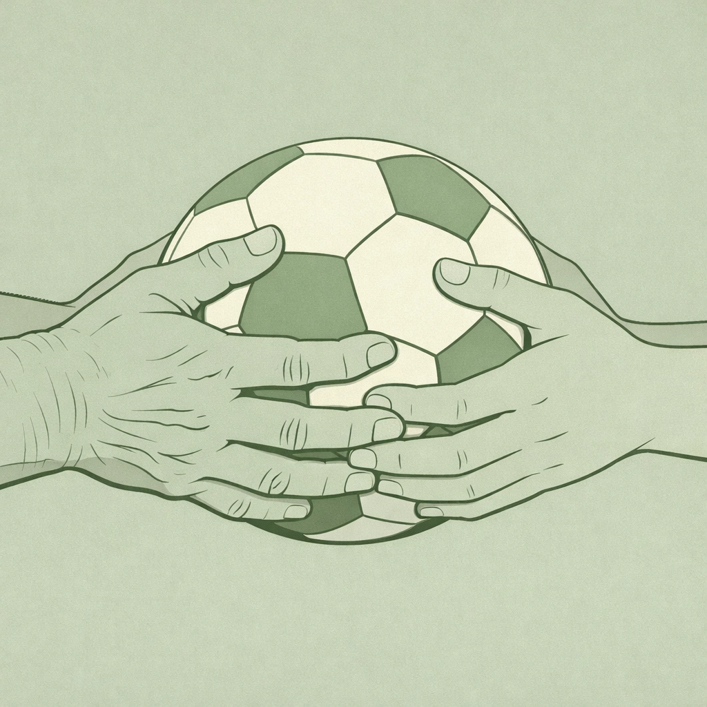 Gay father and son hands holding soccer ball together showing mentorship bond
