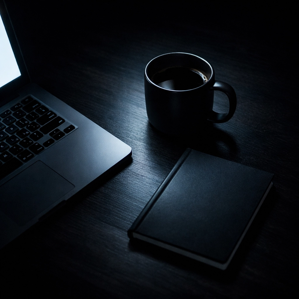 Minimalist dark workspace of a startup founder managing sales development and outbound strategy.