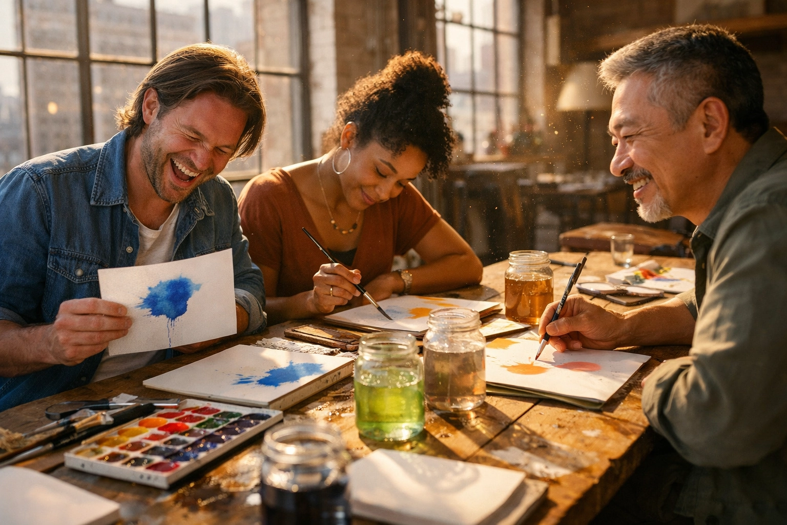 Corporate team members painting with watercolors in a sunlit Chicago office during a lunch reset.