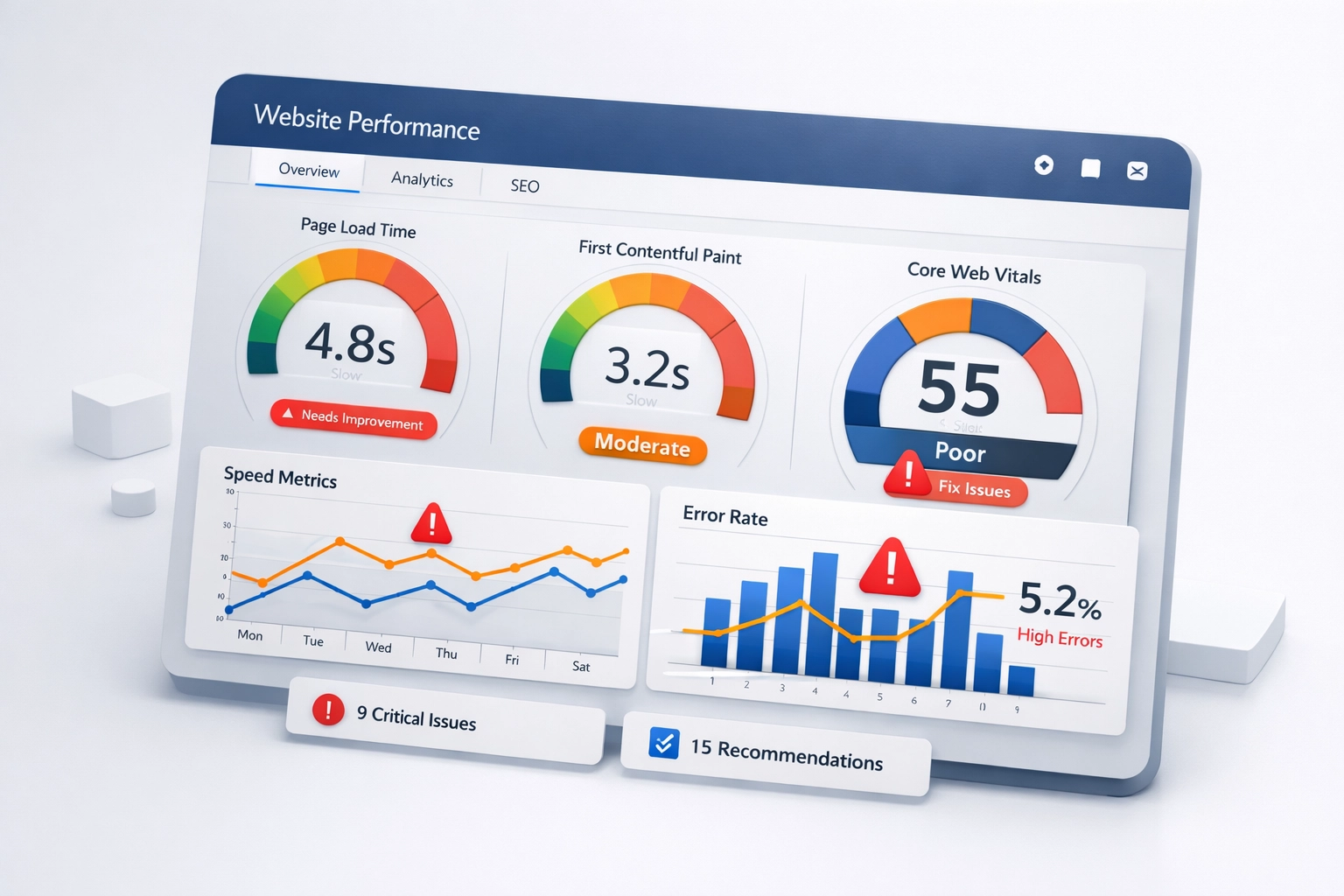 Website performance dashboard displaying loading speed metrics and warning indicators from tag sprawl