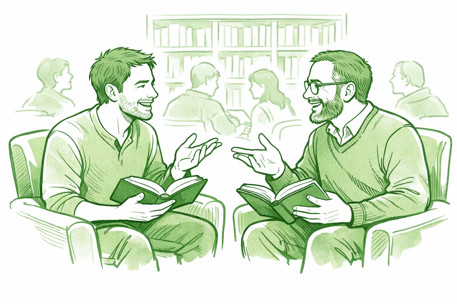 Gay men in LGBTQ+ book club discussing MM romance novels and queer fiction together