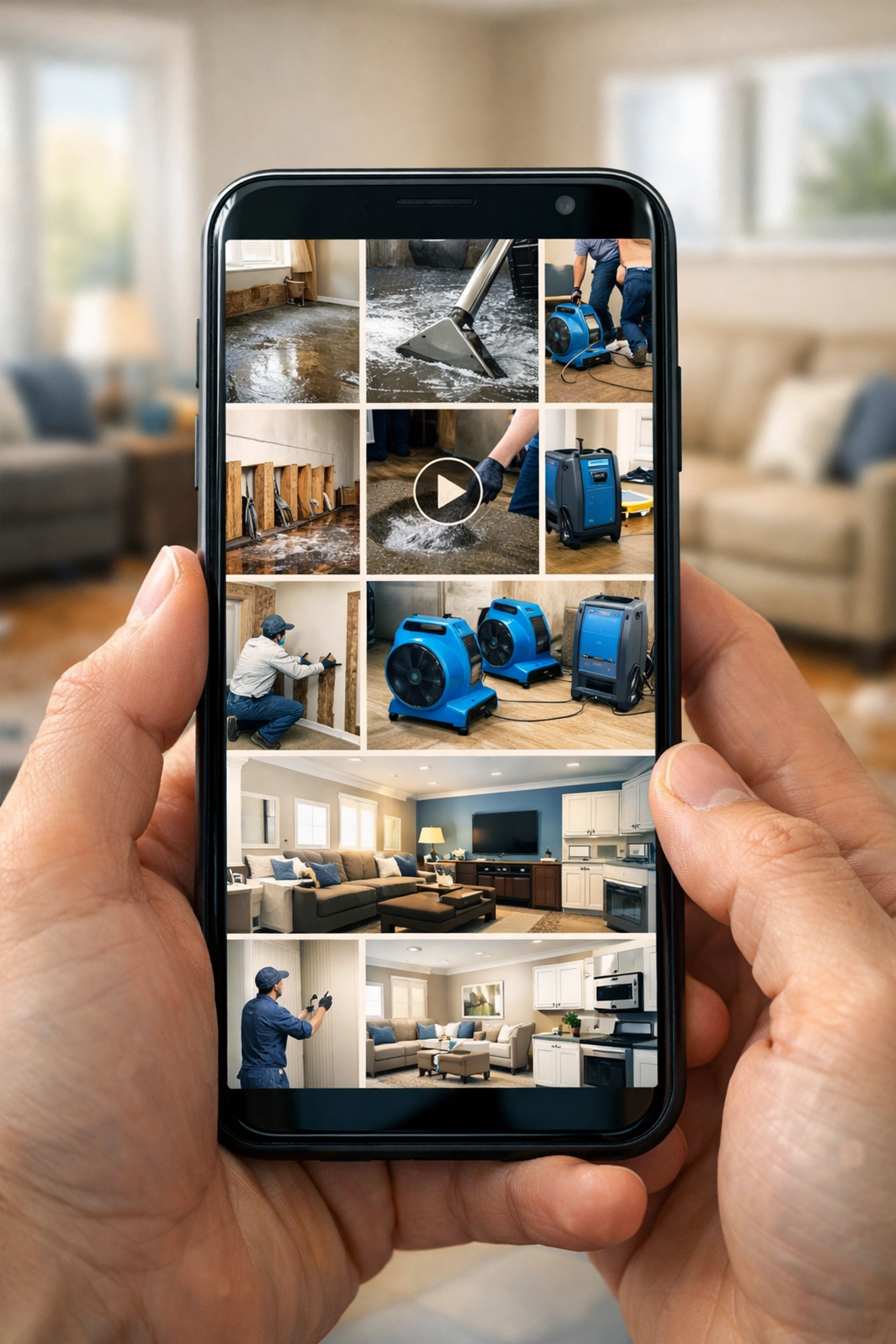 Documenting water damage restoration process with smartphone photos for insurance claim