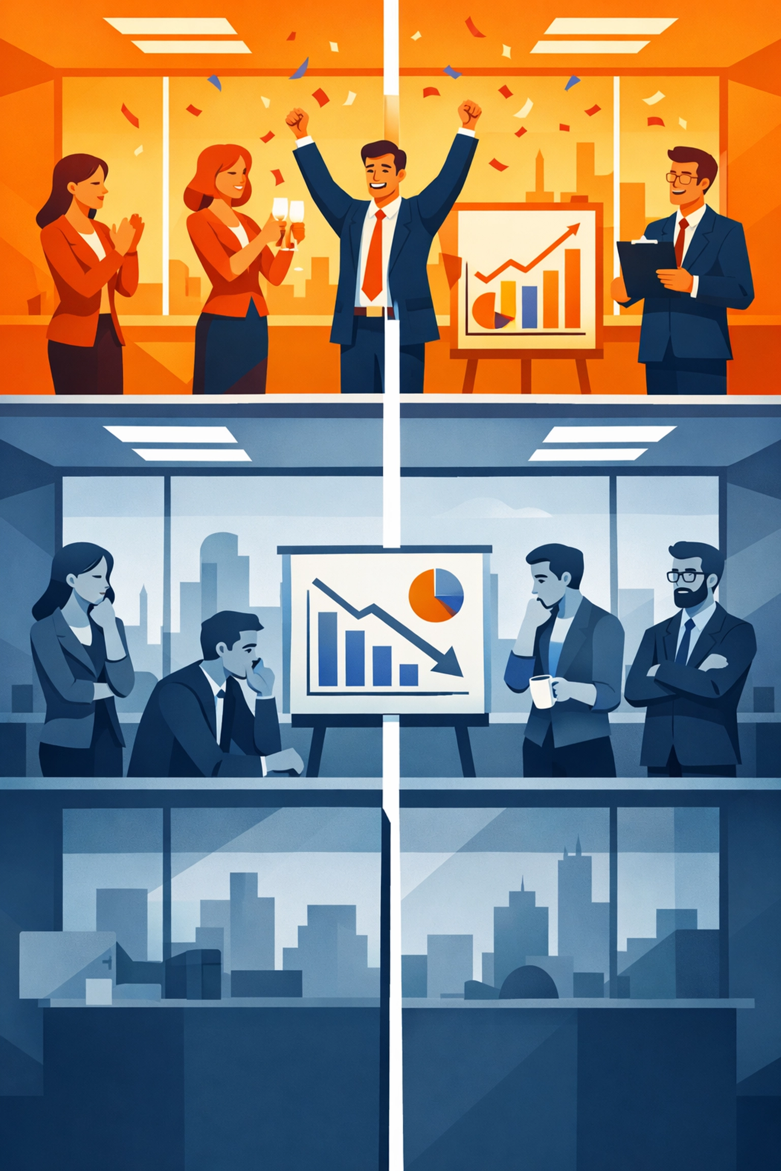 Split office view contrasting executive optimism with employee skepticism about DEI progress