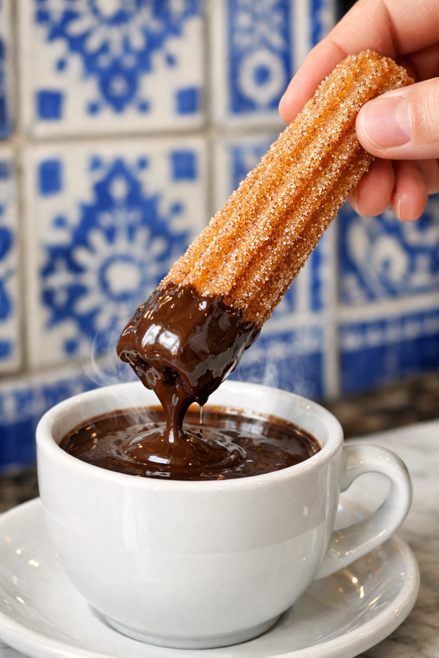 Fresh churros dipped in rich chocolate at an iconic Mexico City cafe, a top sweet treat for foodies.