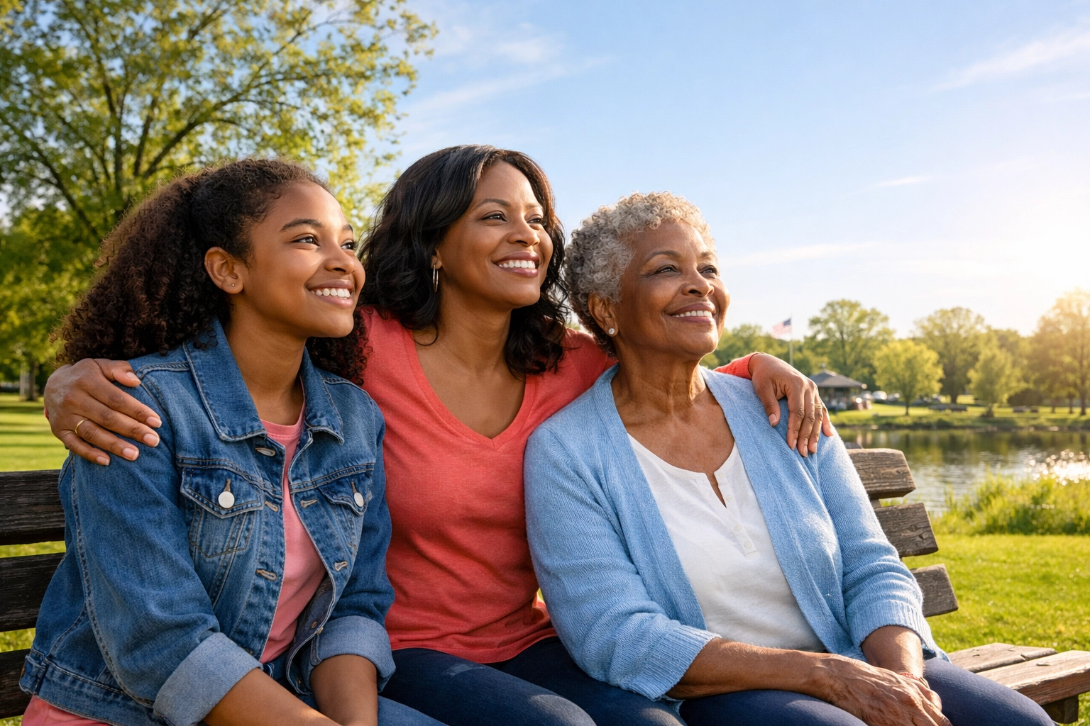 Three generations of Black women smiling on a park bench representing family assistance in Burlington County, NJ.