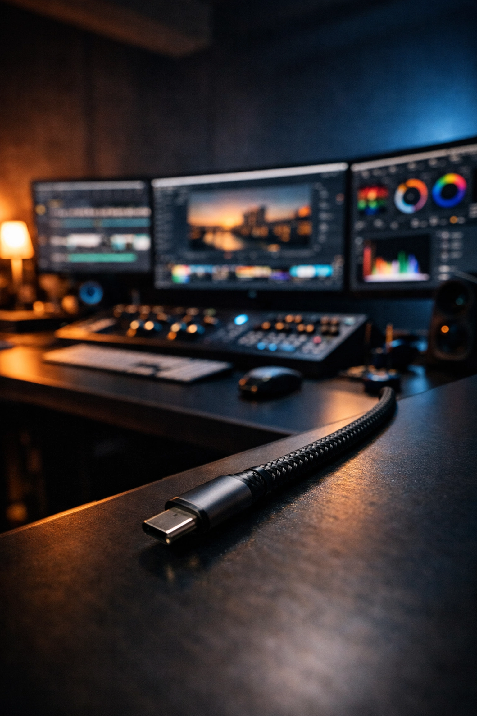 Professional video editing suite showing high-performance Thunderbolt 5 connectivity in a modern workstation.