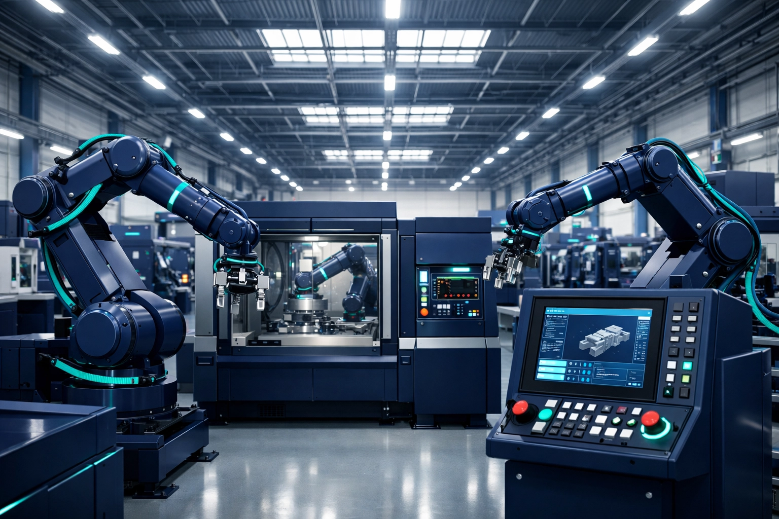 Modern manufacturing floor with automated machinery showcasing industrial power factor efficiency.