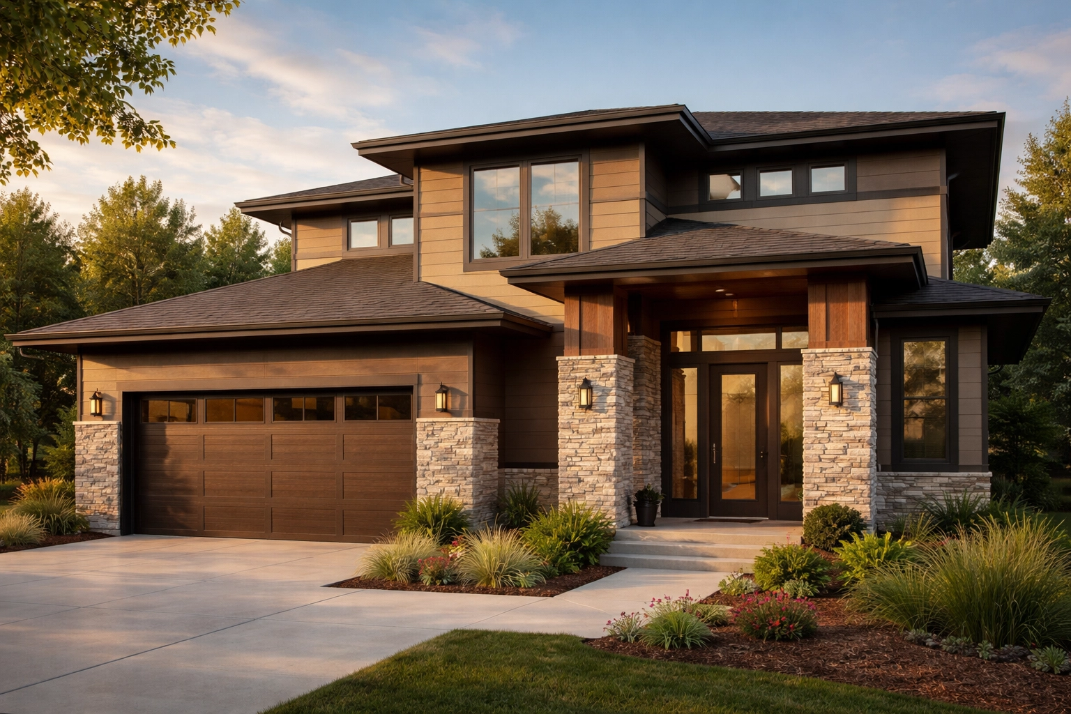 Modern suburban home with stone, fiber cement, and wood exterior materials, showcasing 2026 curb appeal trends
