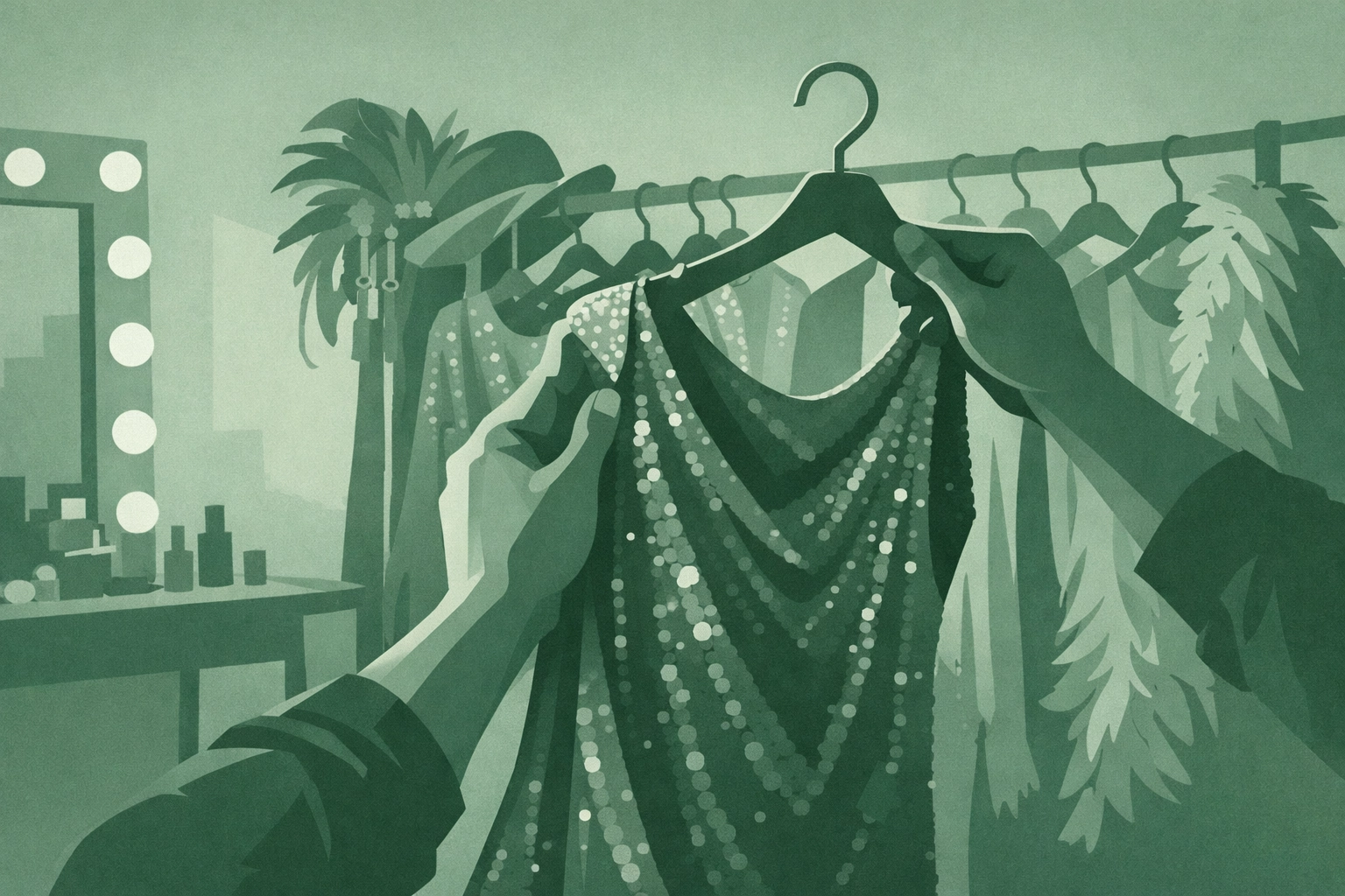 Selecting drag costumes backstage: sequined gowns and glamorous accessories