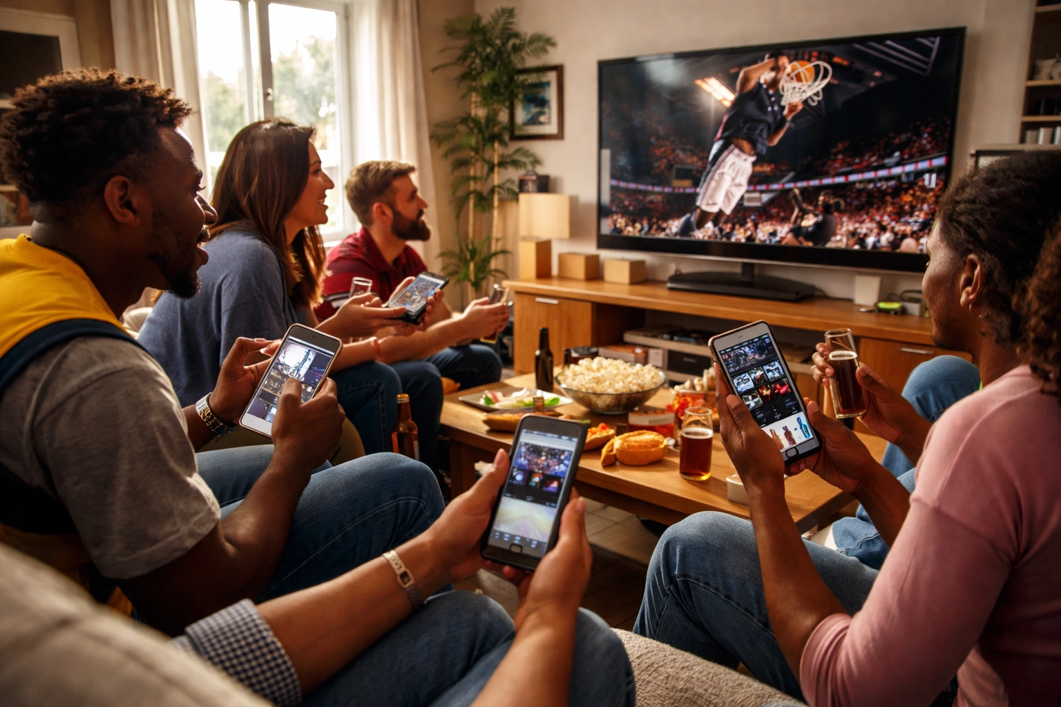 Diverse group of sports fans using multiple devices to follow live basketball, showing cross-platform media engagement